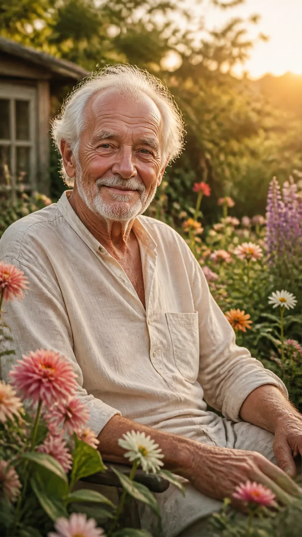 A gentle-faced elderly man with white hair and laugh lines, wearing a warm cream-colored linen shirt, sitting… - AI提示词参考图，来自西西提示词