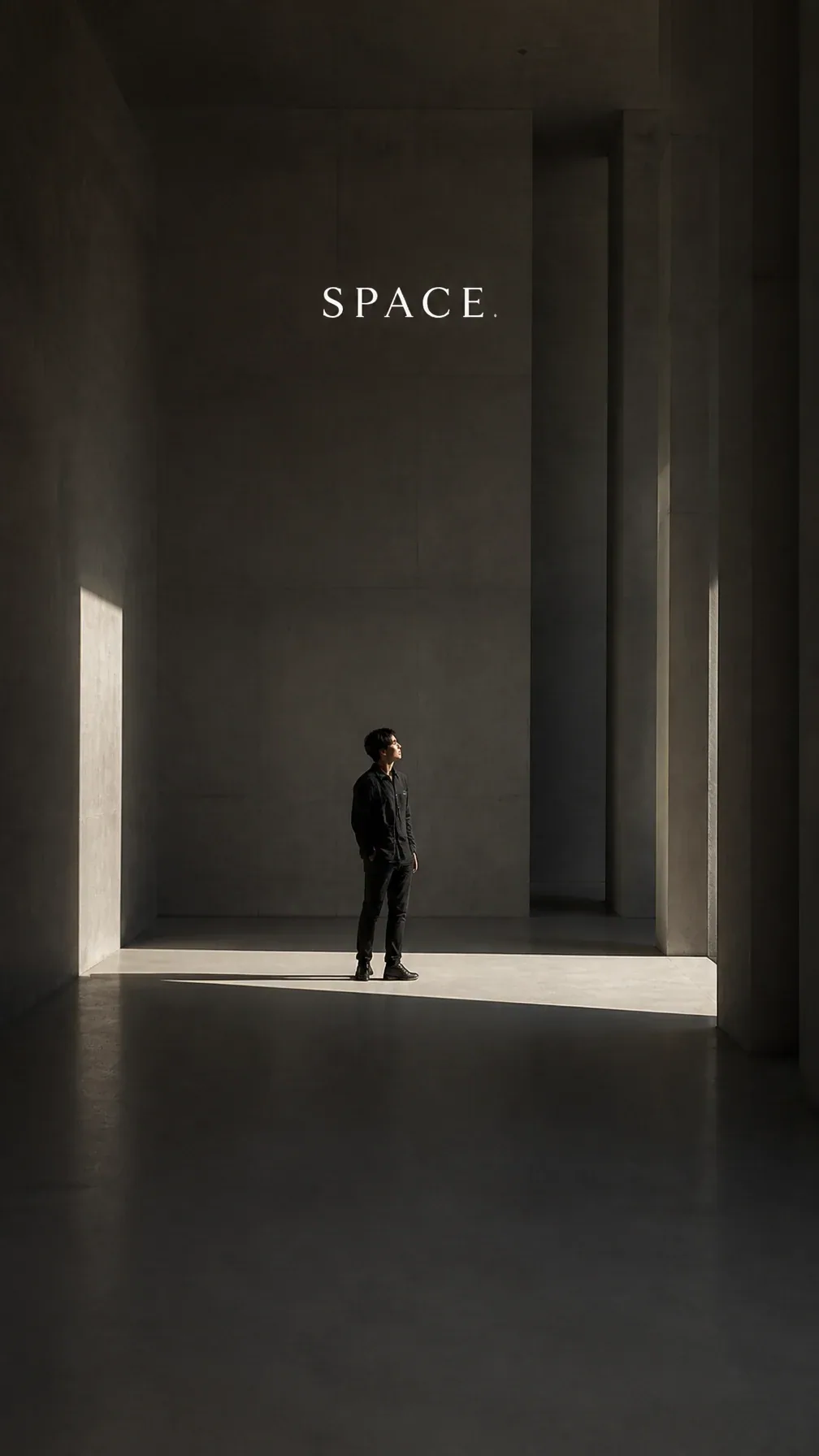 Premium editorial campaign.Main Subject: Young architect standing inside a giant empty concrete hall.Creative… - AI提示词参考图，来自西西提示词