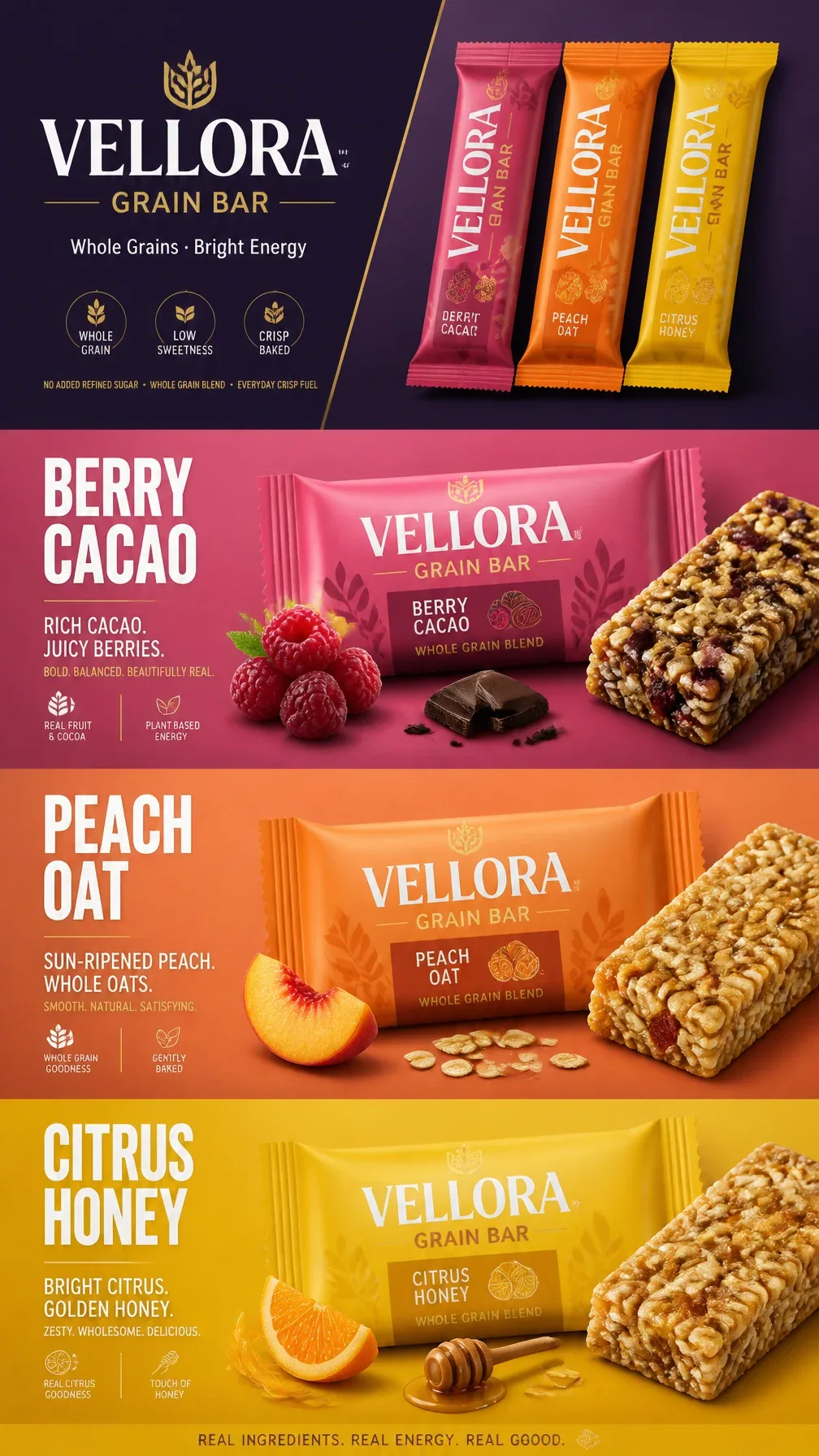 Create an ultra-premium vertical flavor campaign poster for a fictional grain bar brand called “VELLORA”, des… - AI提示词参考图，来自西西提示词