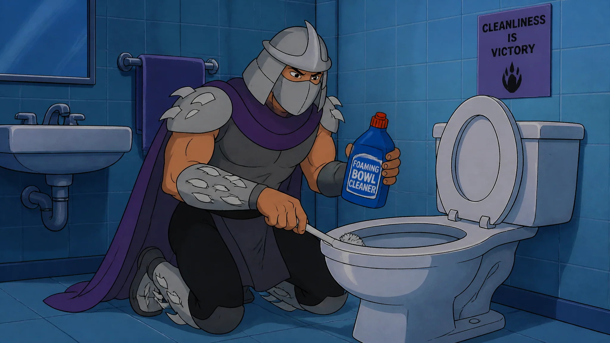 The Shredder, clad in his signature spiked metallic armor and purple cape, kneels on a tiled bathroom floor w… - AI提示词参考图，来自西西提示词
