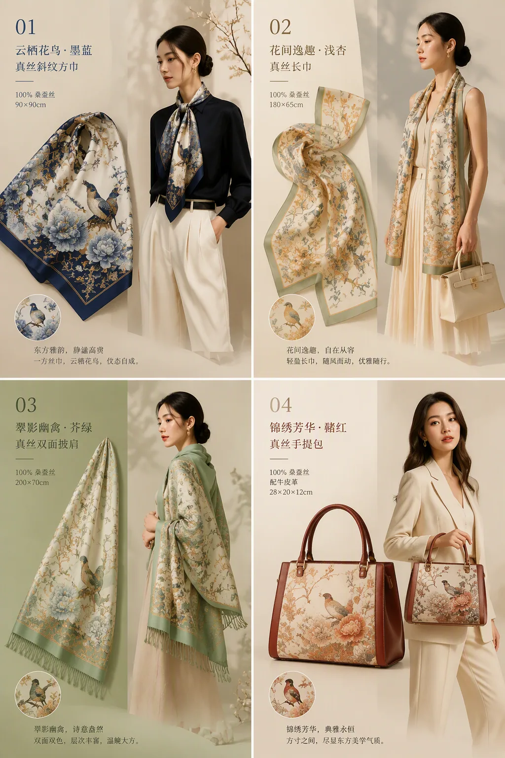 [中文] 使用附图中的图案，由专业设计师打造 4 款时尚单品，采用不同的色彩搭配与排版设计，附带穿搭效果图。以雅致的构图凸显图案的美感。格式为 2:3，希望将图像生成模型从 duct-tape-1 指定为 duct-t… - AI提示词参考图，来自西西提示词