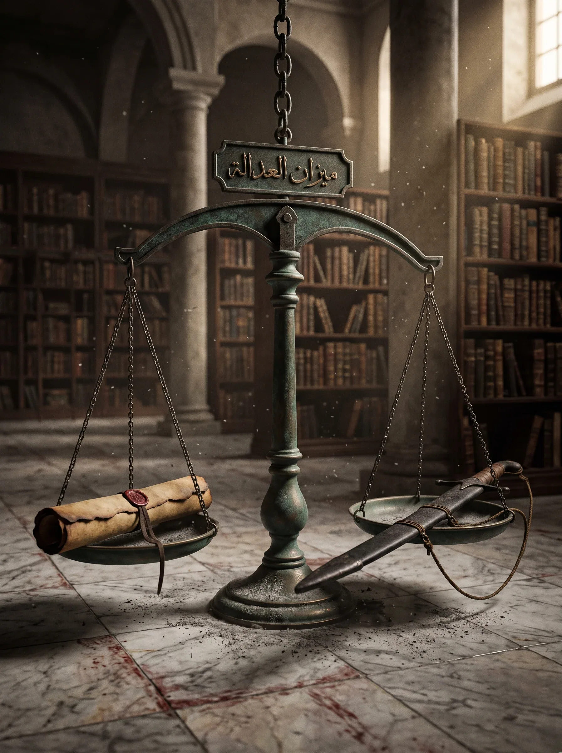 Ultra-realistic symbolic historical artwork.A magnificent ancient bronze balance.One side carries a leather s… - AI提示词参考图，来自西西提示词