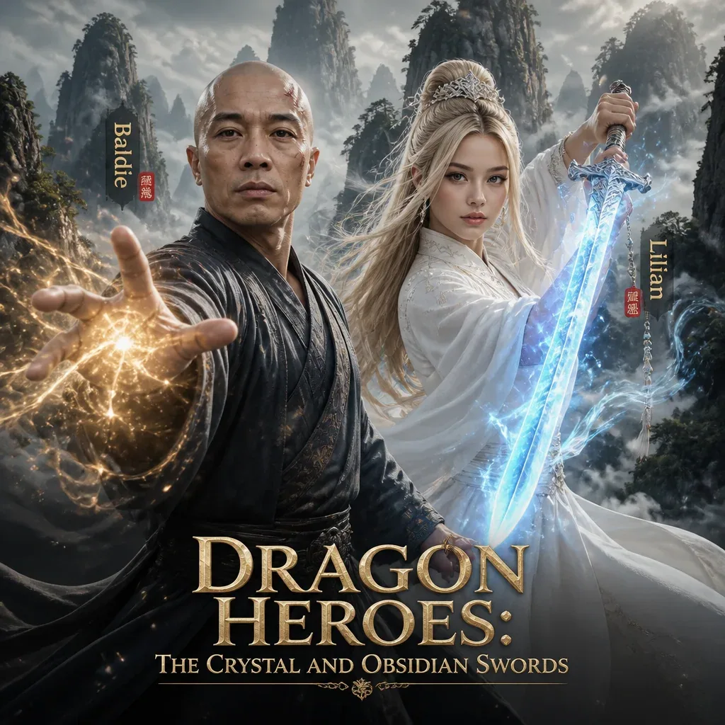 Title & Style:Promotional poster for the Wuxia drama "Dragon Heroes: The Crystal And Obsidian Swords". Cinema… - AI prompt reference from CC Prompt Galaxy