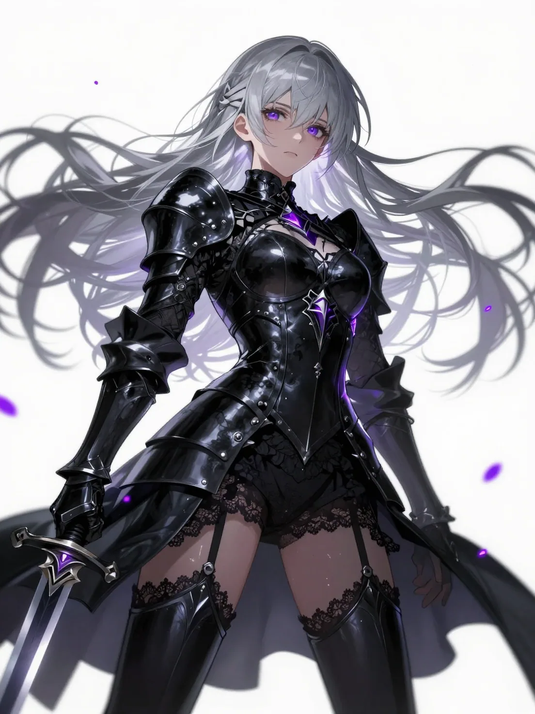 A silver-haired swordswoman stands in a defiant pose, her long locks swirling amidst floating violet embers t… - AI提示词参考图，来自西西提示词