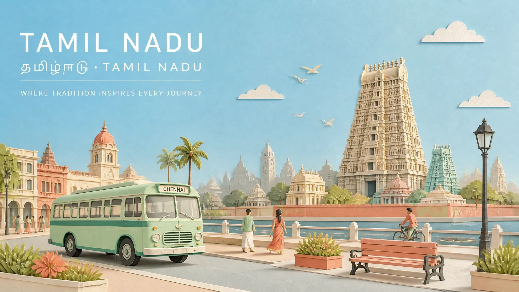 Create a refined wide landscape travel-poster illustration of TAMIL NADU CORE CONCEPT: Depict the city as a c… - AI提示词参考图，来自西西提示词
