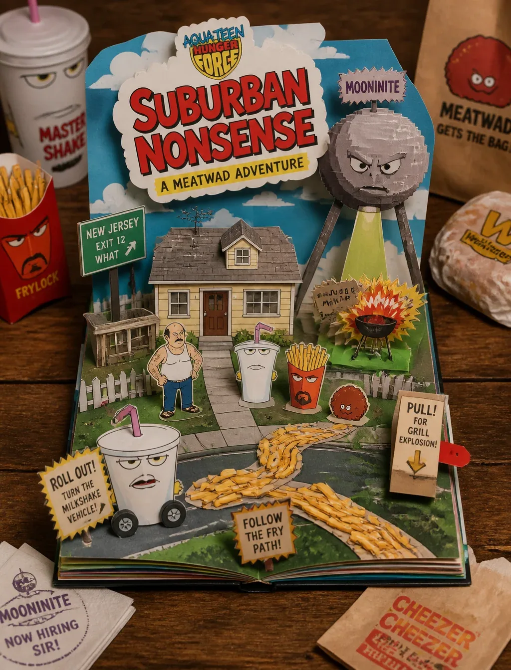 Create an Aqua Teen Hunger Force-themed 3D pop-up papercraft storybook diorama on a rustic wooden table, elev… - AI提示词参考图，来自西西提示词