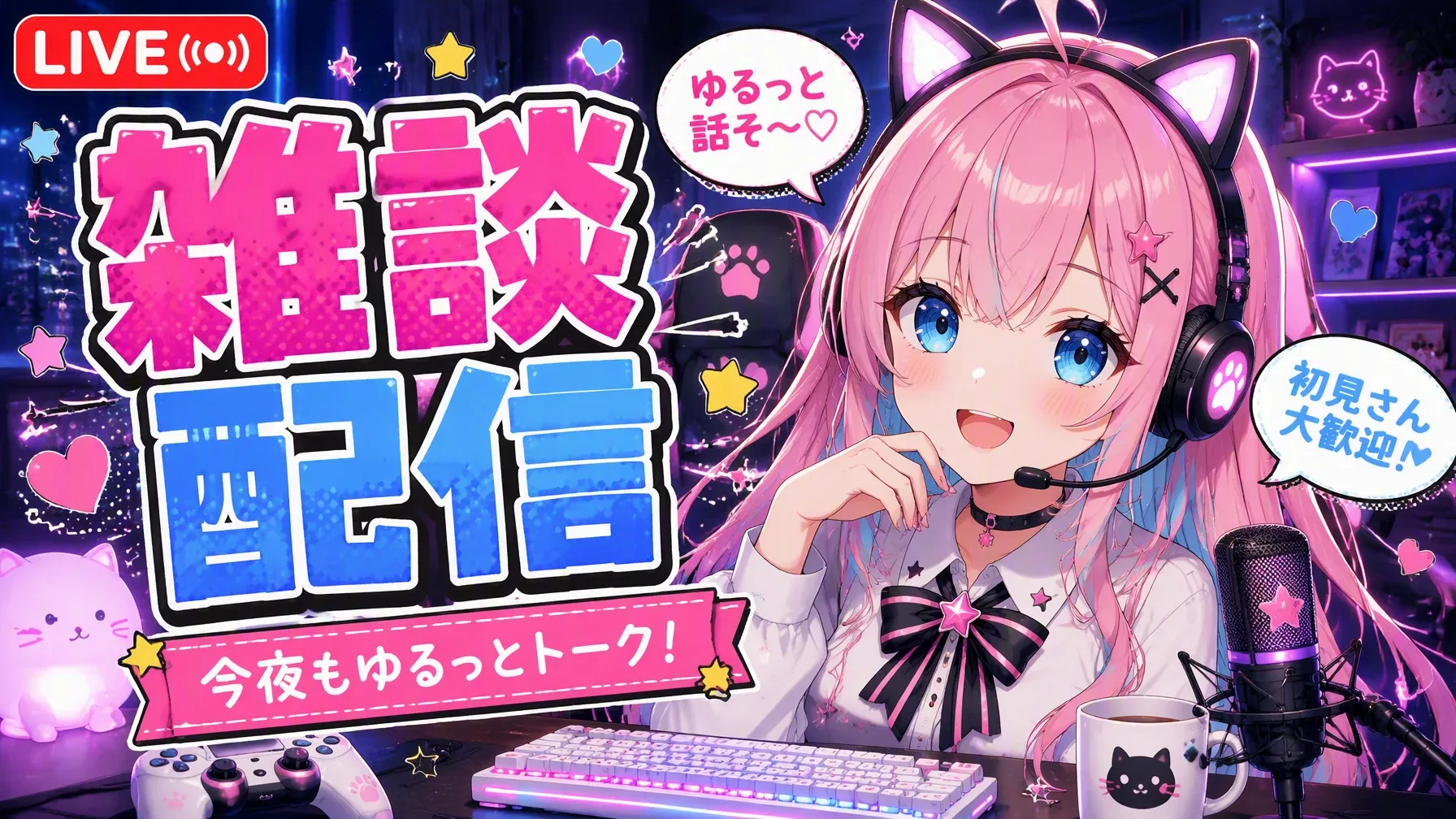 An anime-style YouTube stream thumbnail featuring a cheerful female VTuber. She has long {argument name="hair… - AI提示词参考图，来自西西提示词