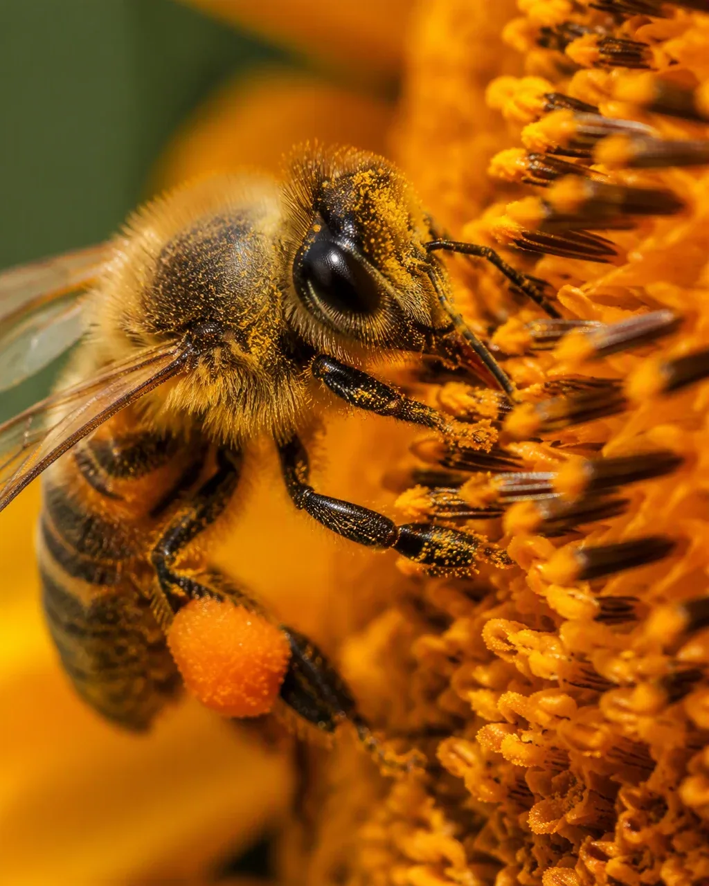 Create a hyper-realistic macro nature photograph of a honeybee in sharp detail collecting pollen from a vivid… - AI提示词参考图，来自西西提示词