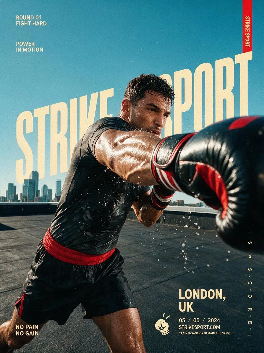 Create a full-bleed editorial action poster for STRIKE SPORT. The brand’s visual identity follows these must-… - AI prompt reference from CC Prompt Galaxy