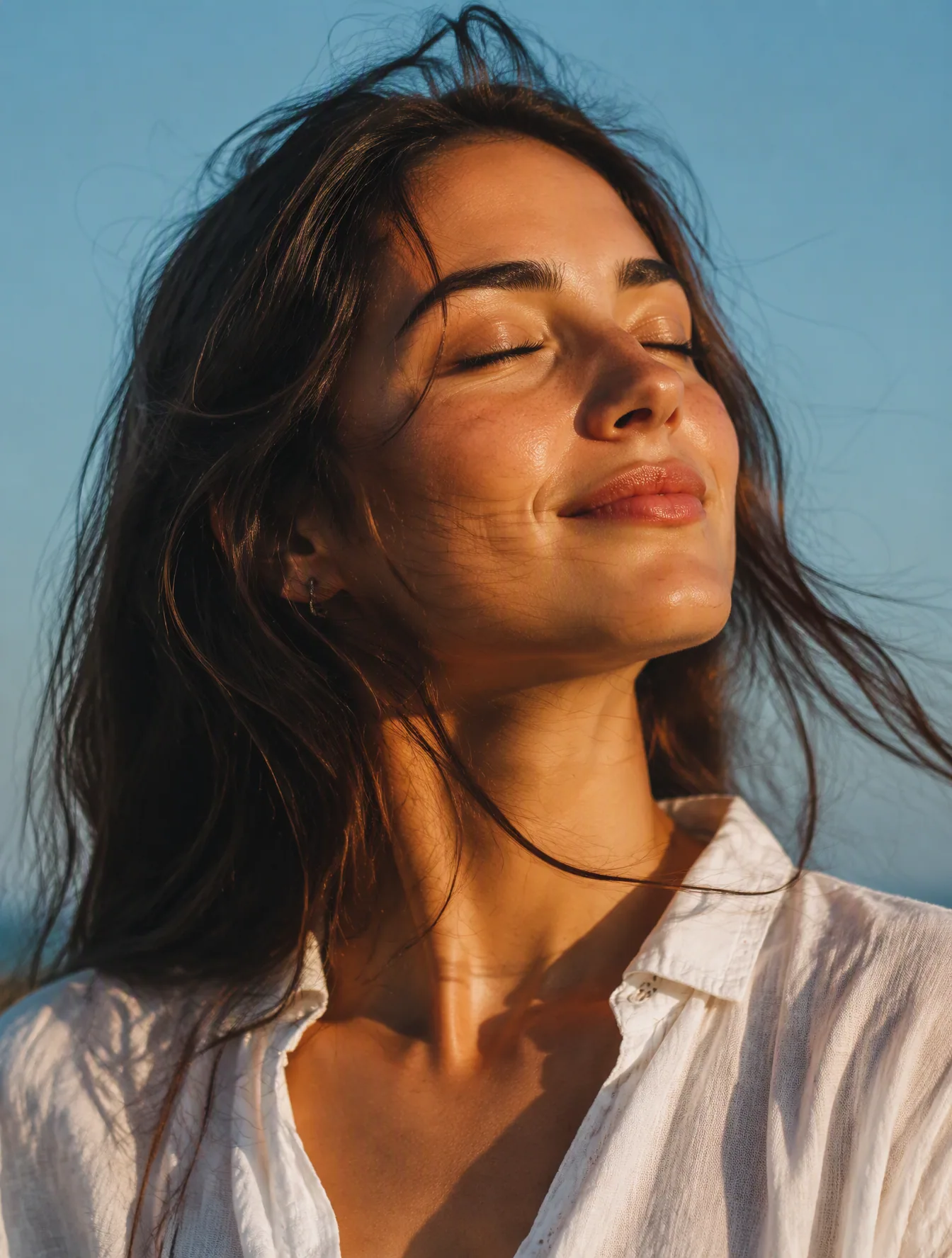 Ultra-realistic golden hour close-up portrait of a young woman outdoors, Cleani face, eyes gently closed with… - AI提示词参考图，来自西西提示词