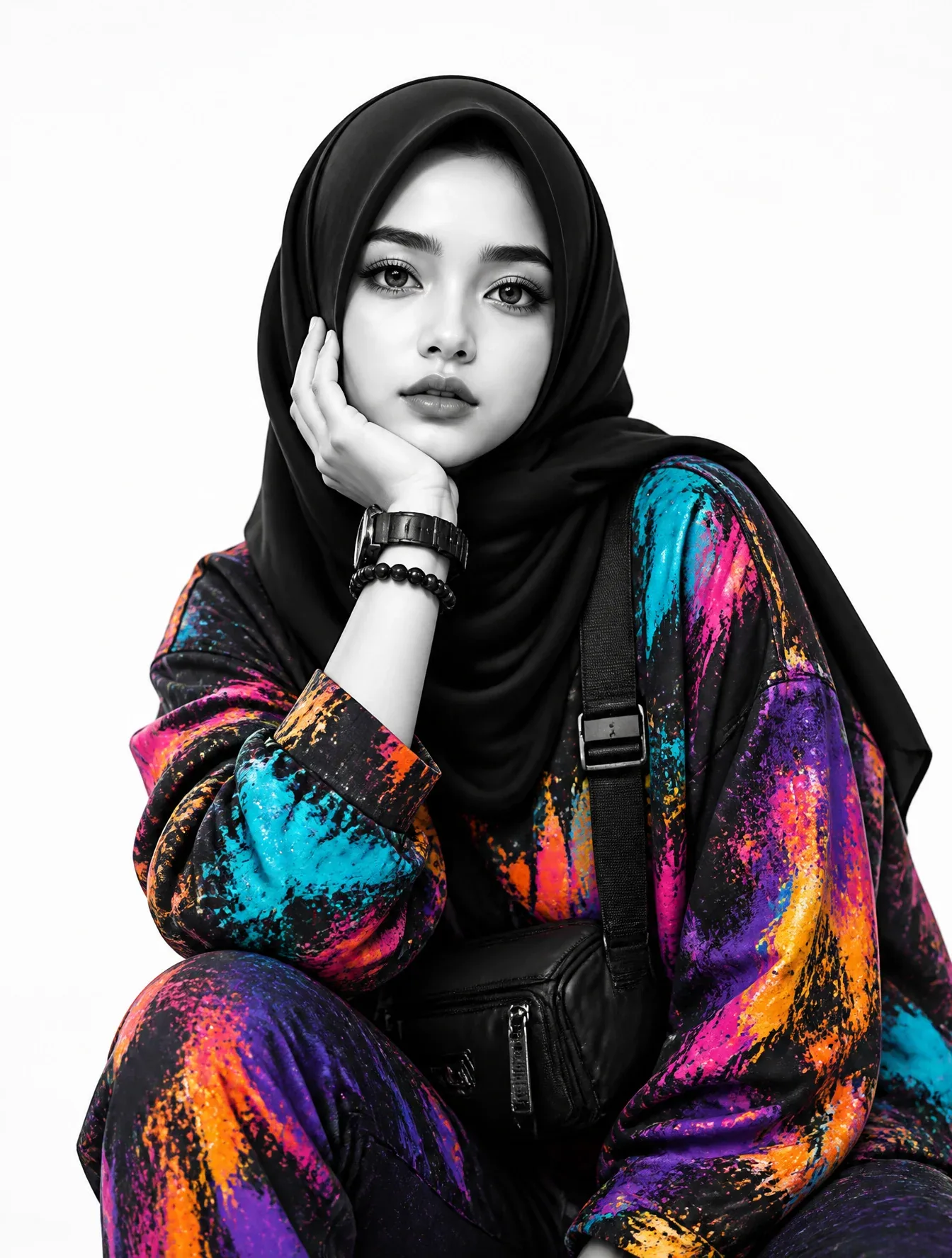Transform the uploaded image into a premium monochrome fashion editorial portrait while preserving 100% of th… - AI提示词参考图，来自西西提示词