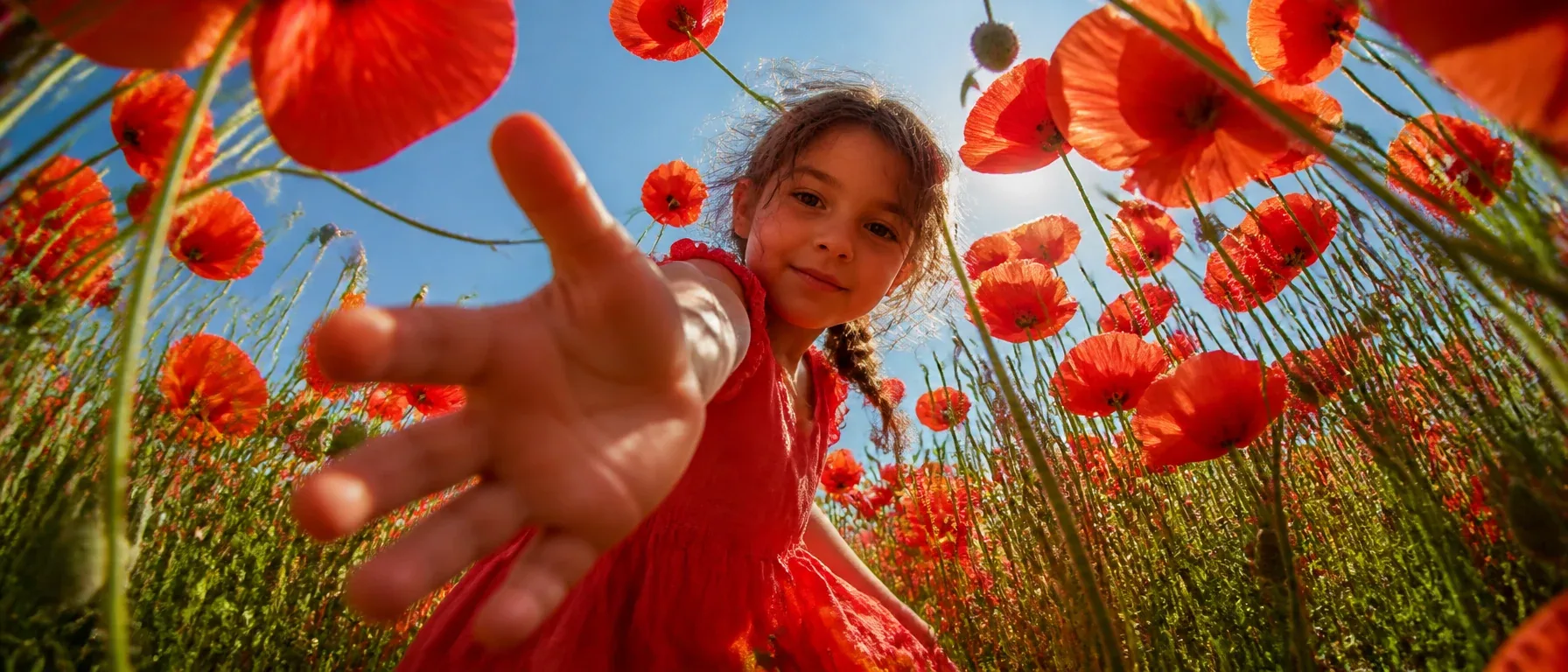 A young girl in a coral-red dress leans over the camera inside a dense field of scarlet poppies, extending on… - AI提示词参考图，来自西西提示词