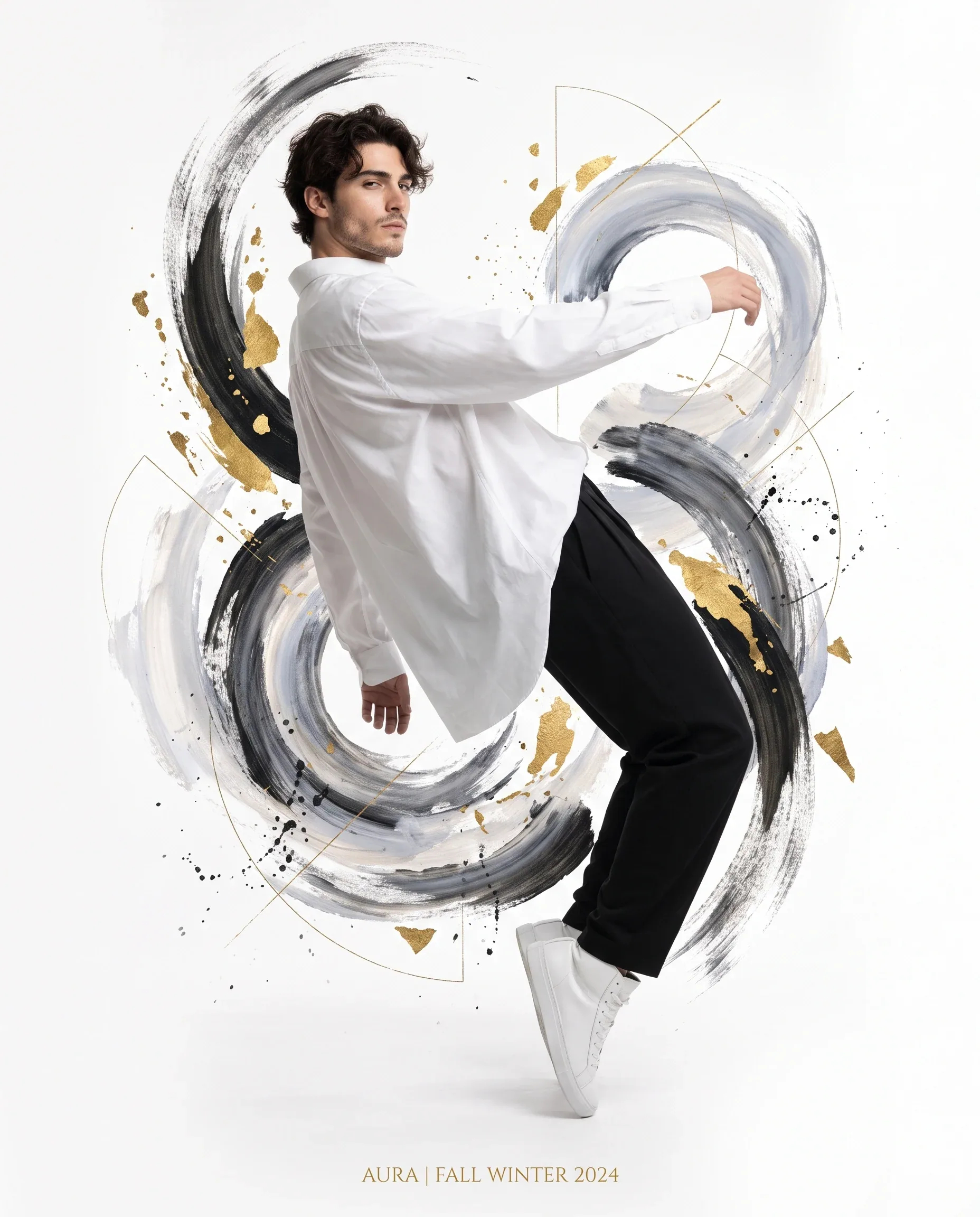 Create a high-fashion editorial fashion poster featuring a young male model captured in a dynamic, weightless… - AI提示词参考图，来自西西提示词