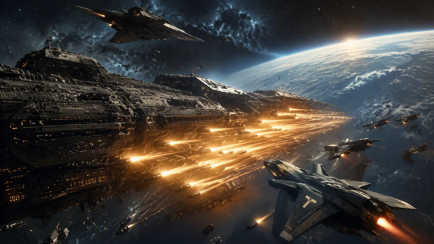Subject and action An epic deep space engagement featuring a colossal Dreadnought-class starship with intrica… - AI提示词参考图，来自西西提示词