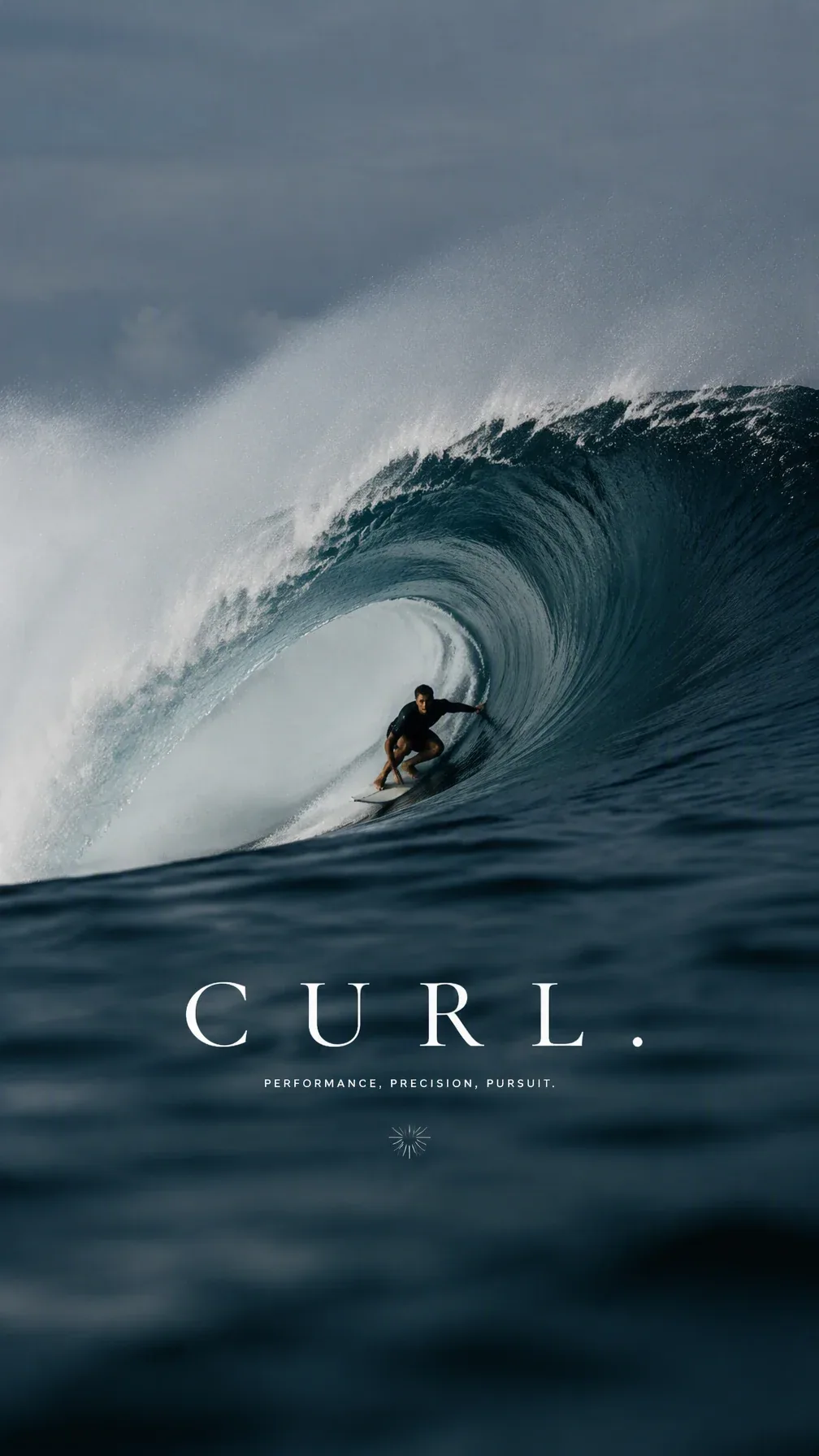 Create a premium 9:16 water sports editorial. Main Subject: Young male surfer riding inside the curl of a lar… - AI提示词参考图，来自西西提示词
