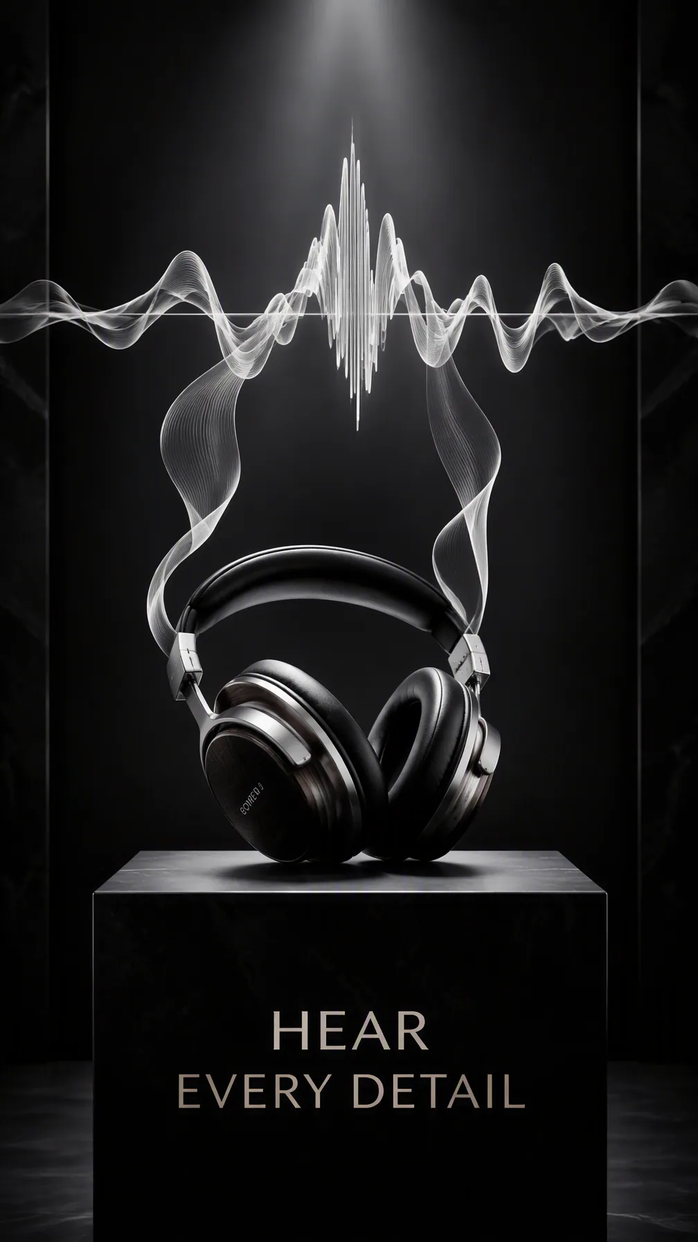 Premium 4:5 premium audio advertising poster.A pair of luxury headphones resting on a clean pedestal, with a … - AI提示词参考图，来自西西提示词