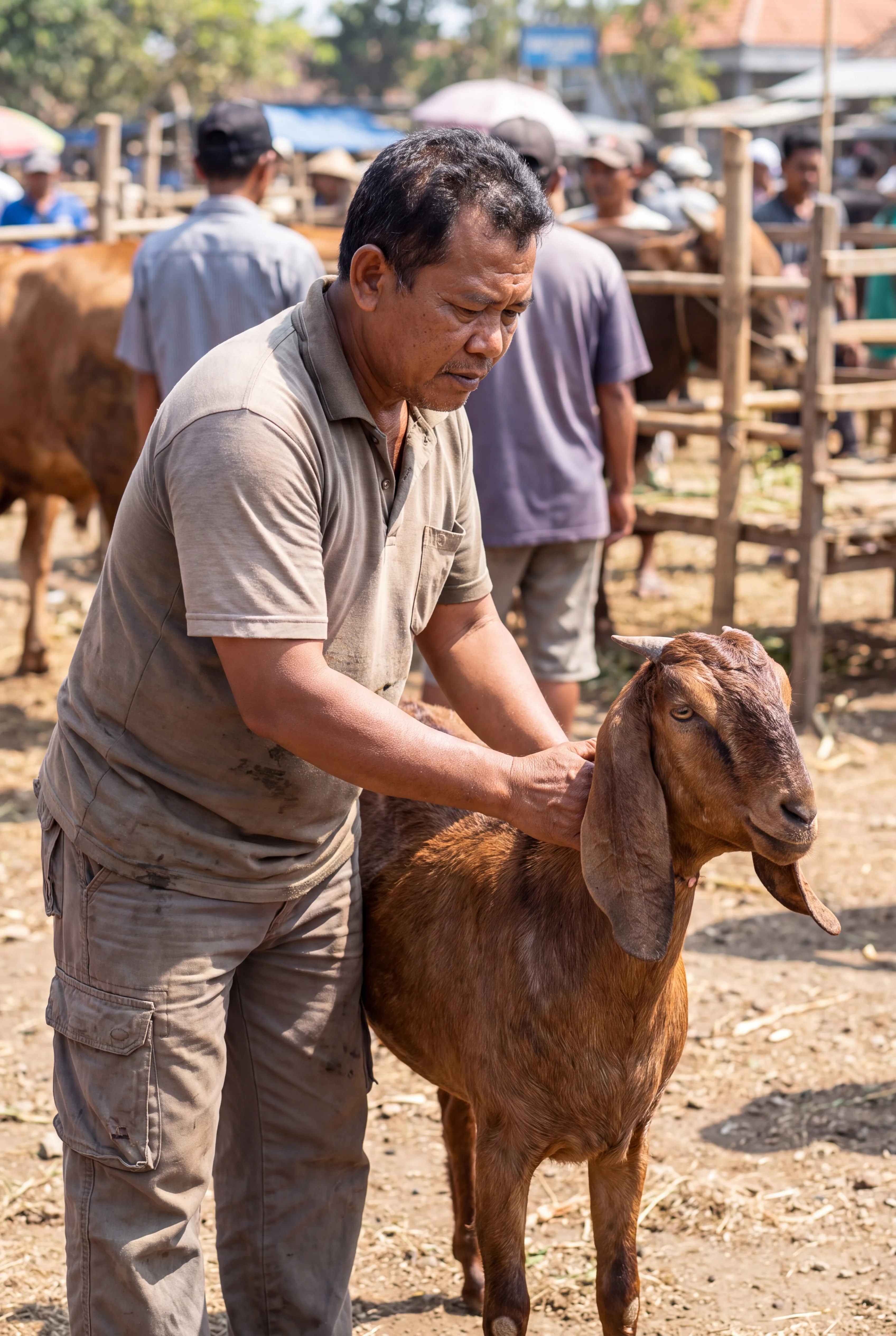 A particular moment is unfolding in a traditional livestock market in East Java, Indonesia. An ordinary Indon… - AI提示词参考图，来自西西提示词