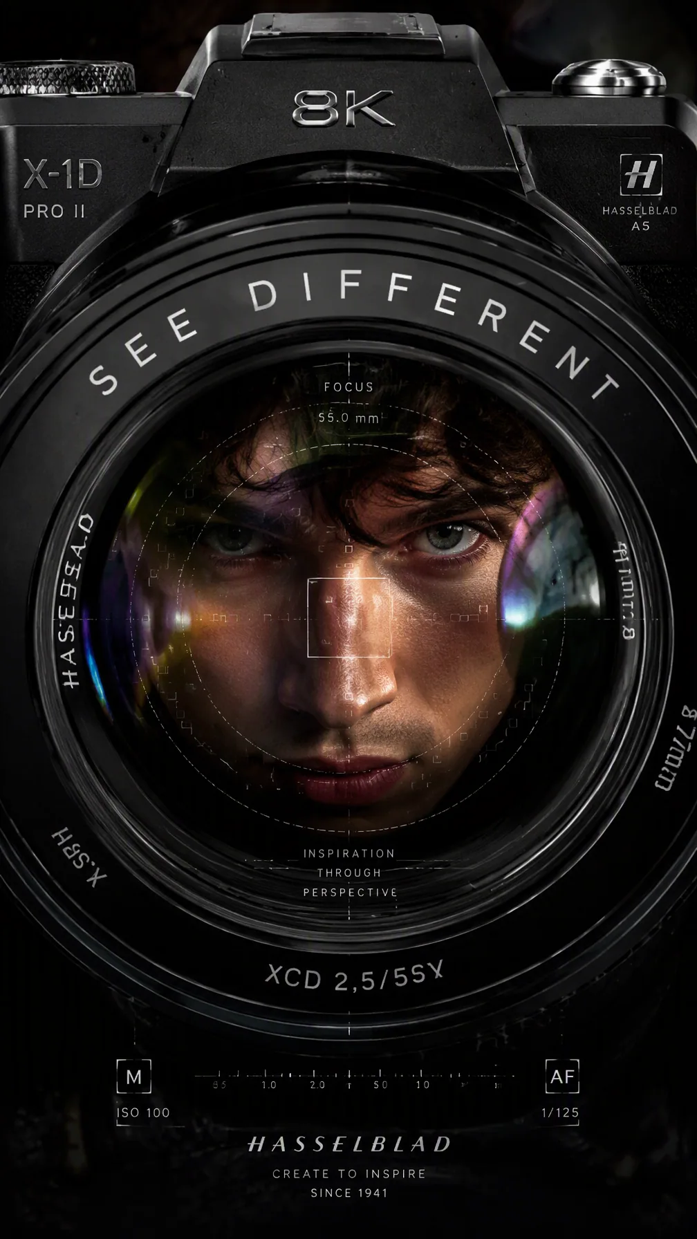 A premium 9:16 camera advertising poster.Main Subject:A young male model reflected inside the giant front len… - AI提示词参考图，来自西西提示词