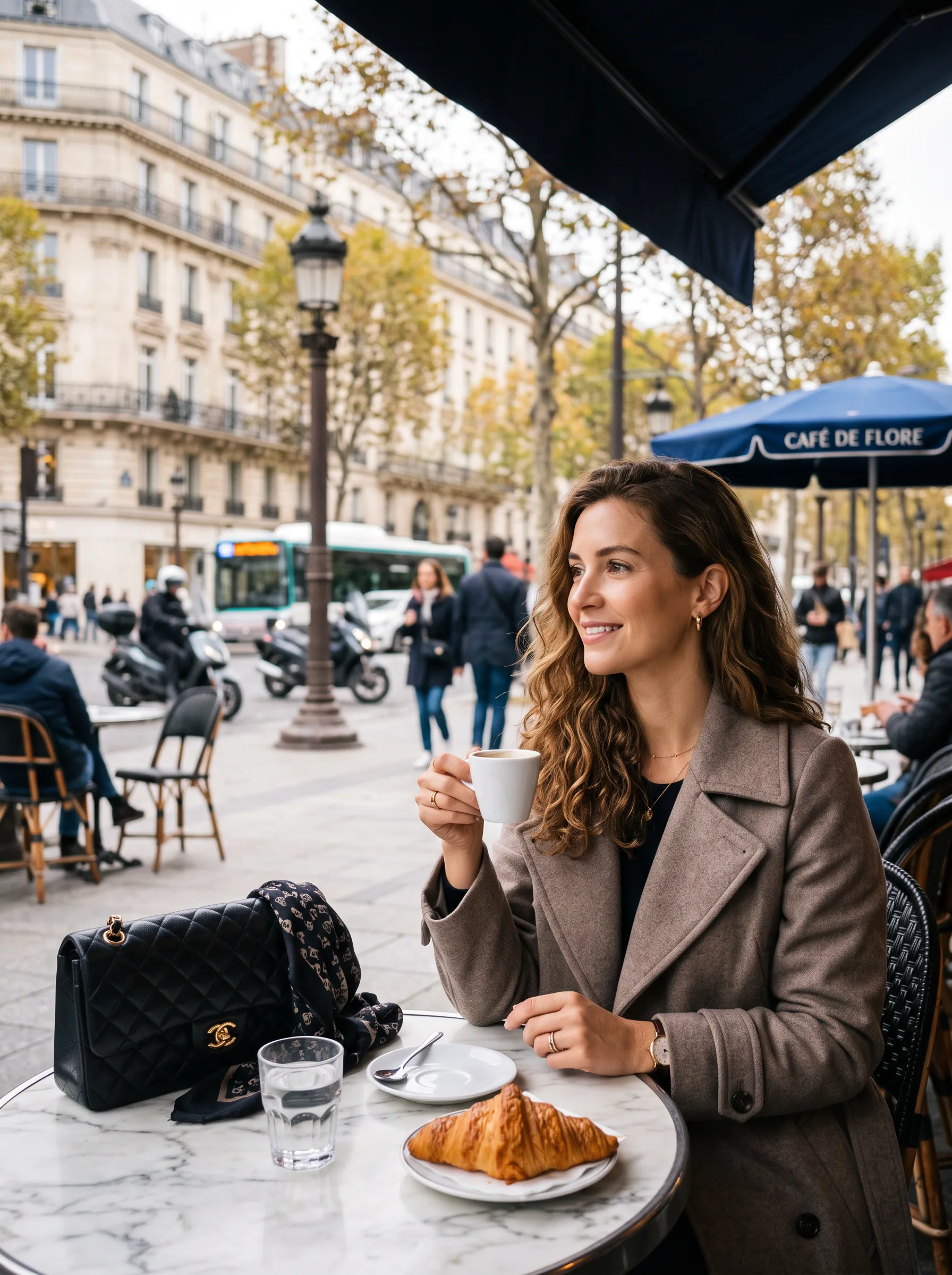 A stylish woman sits at a Parisian sidewalk café, gently holding a white espresso cup while gazing toward the… - AI提示词参考图，来自西西提示词