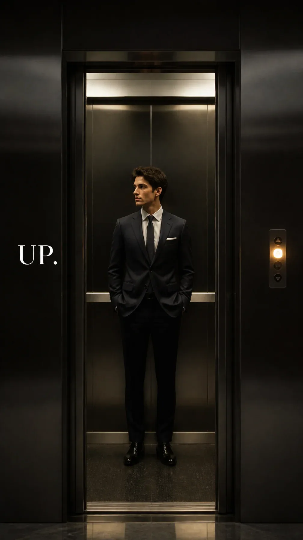 Premium editorial lifestyle campaign.Main Subject: Young businessman standing inside an empty elevator.Creati… - AI prompt reference from CC Prompt Galaxy