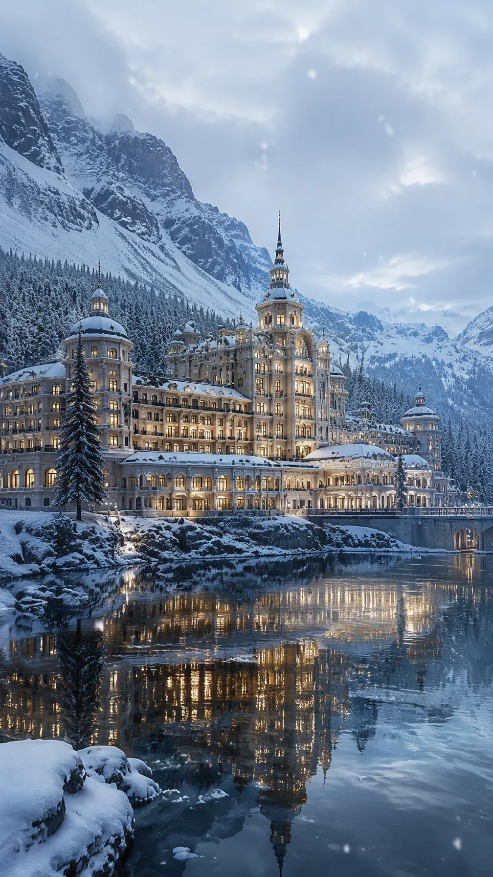 Ultra realistic luxury winter palace surrounded by snow-covered mountains. Grand elegant architecture, warm g… - AI prompt reference from CC Prompt Galaxy