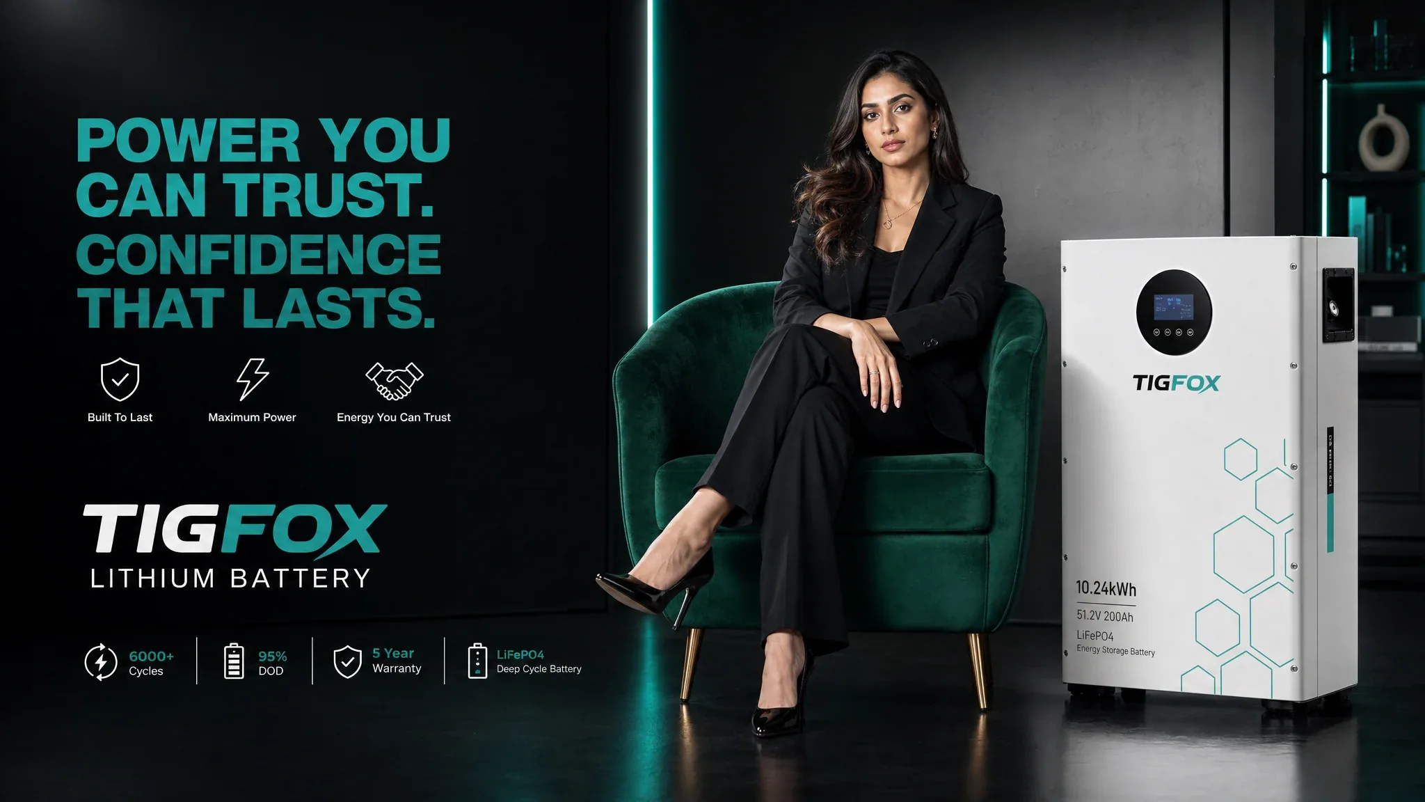 Create a premium luxury commercial advertisement in 16:9 aspect ratio for TIGFOX Lithium Battery. The scene t… - AI提示词参考图，来自西西提示词