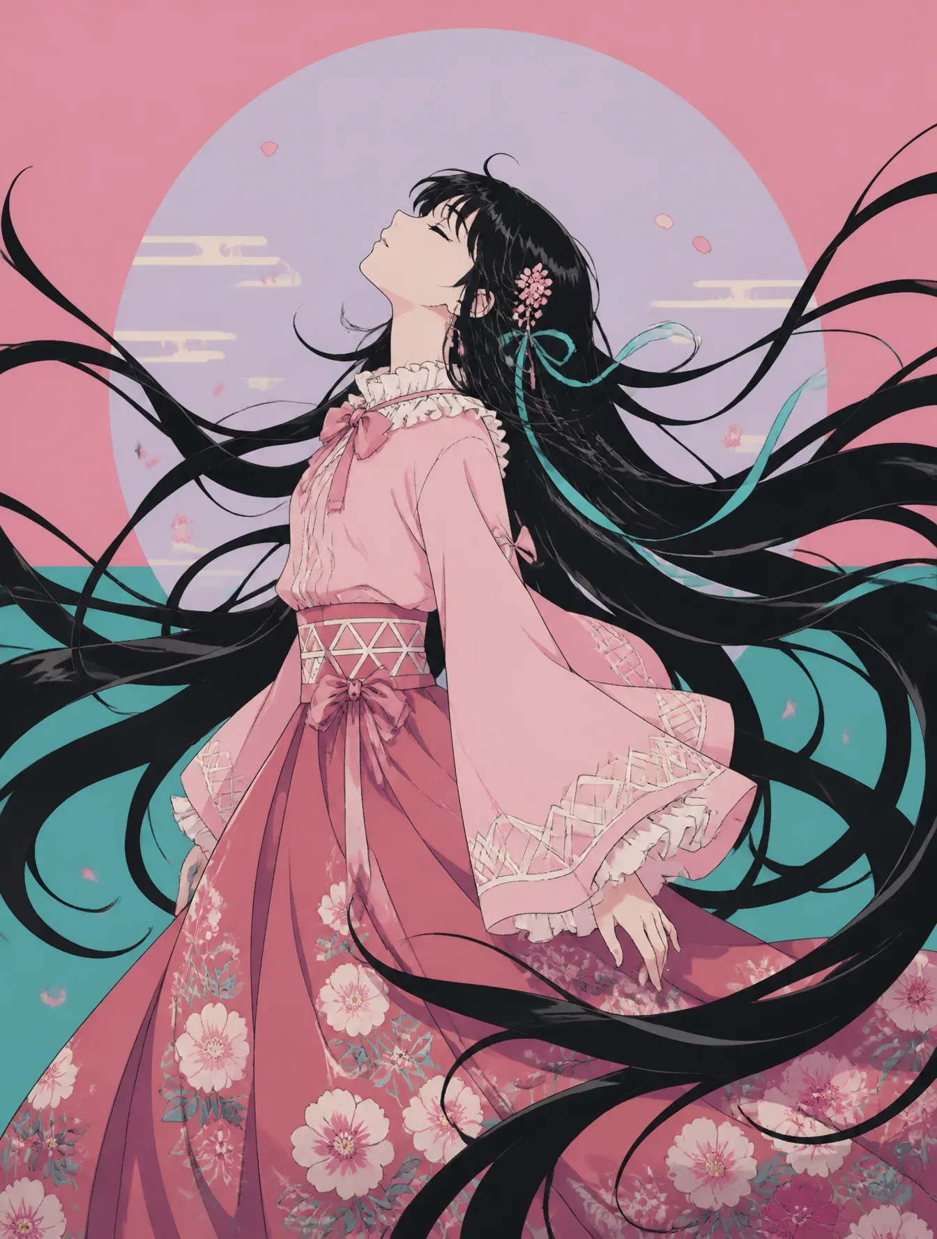 A stylized anime girl turns her face upward in profile, eyes closed, while her exceptionally long black hair … - AI提示词参考图，来自西西提示词