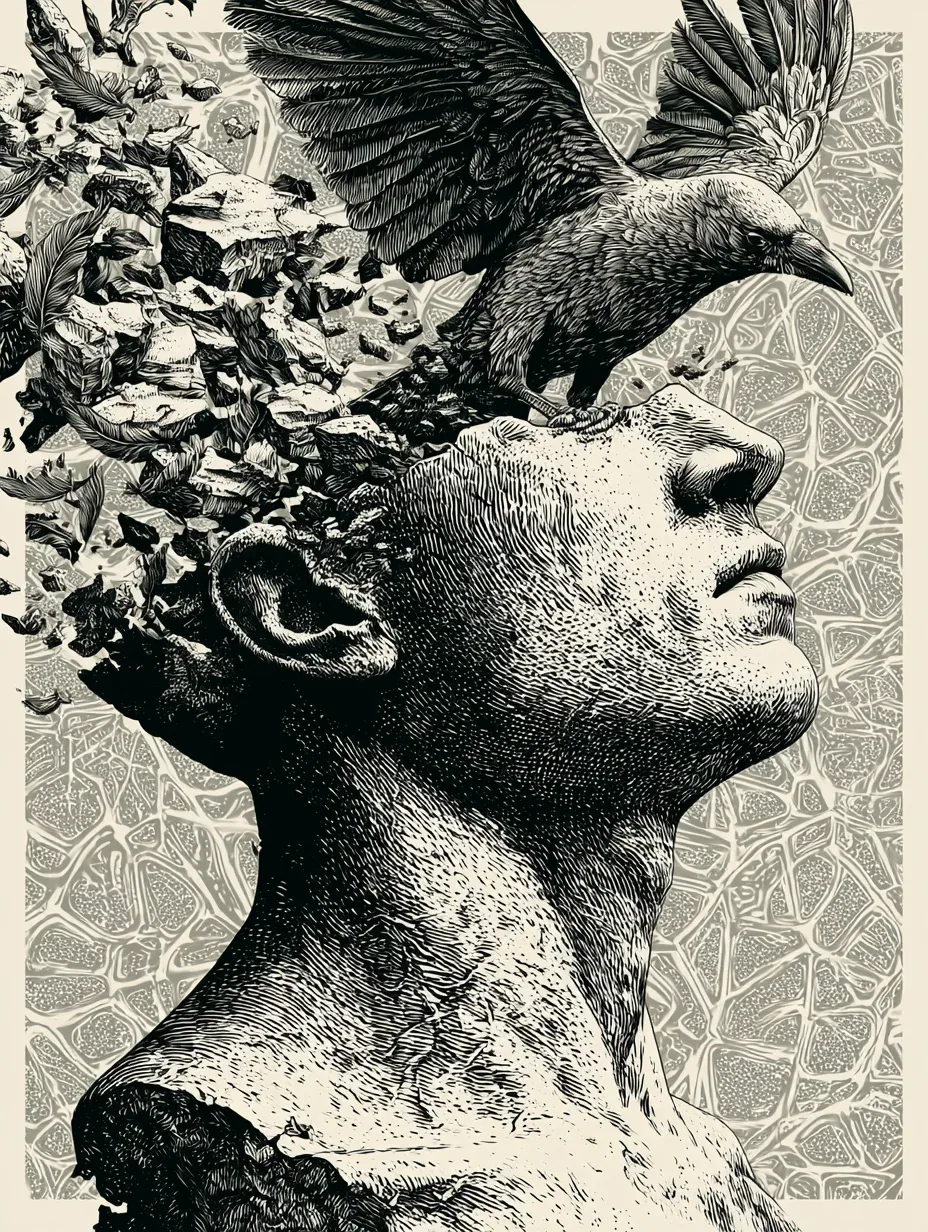A surreal high-contrast illustration depicts a monochromatic human bust fracturing at the cranium, from which… - AI提示词参考图，来自西西提示词