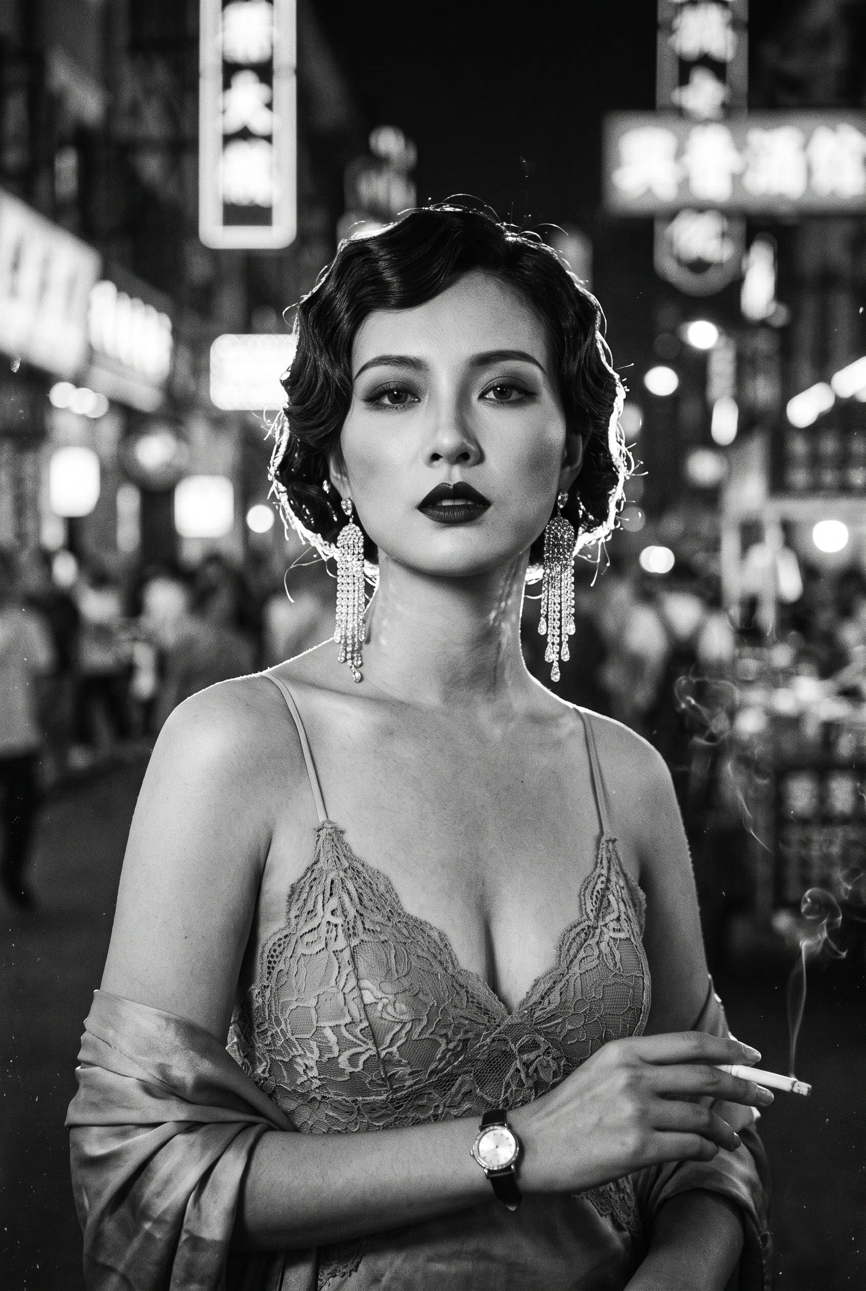 High-contrast black and white vintage glamour portrait, 1940s style fashion photography, Shanghai Fashion Fem… - AI提示词参考图，来自西西提示词