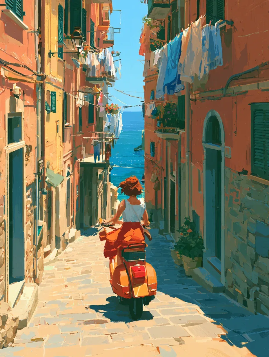 Vibrant travel scene of a person riding a vintage scooter through a sunlit Mediterranean coastal town, narrow… - AI提示词参考图，来自西西提示词