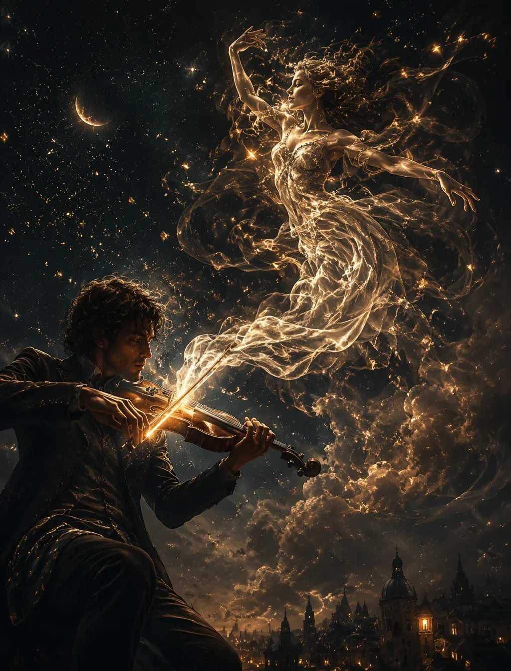 A captivating cinematic image of a musician, bathed in soft golden light, playing a violin that generates mes… - AI prompt reference from CC Prompt Galaxy