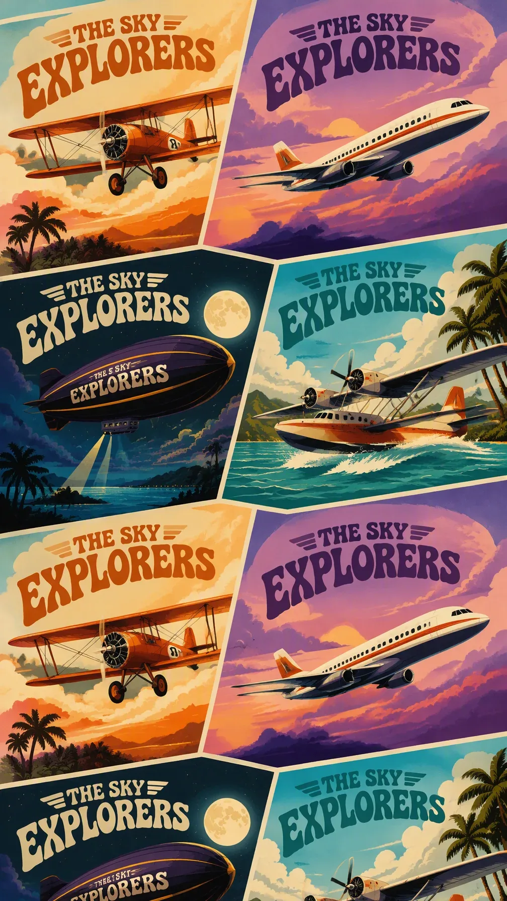 A seamless, vibrant retro aviation pattern wallpaper featuring various classic aircrafts flying above stylize… - AI提示词参考图，来自西西提示词