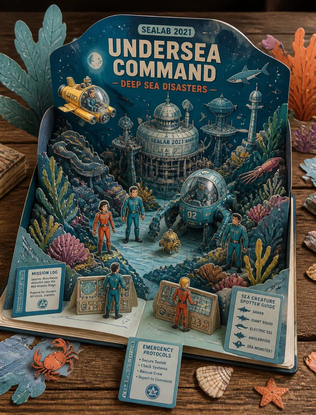 Create a Sealab 2021-themed 3D pop-up papercraft storybook diorama on rustic table, elevated view. Title "Und… - AI提示词参考图，来自西西提示词