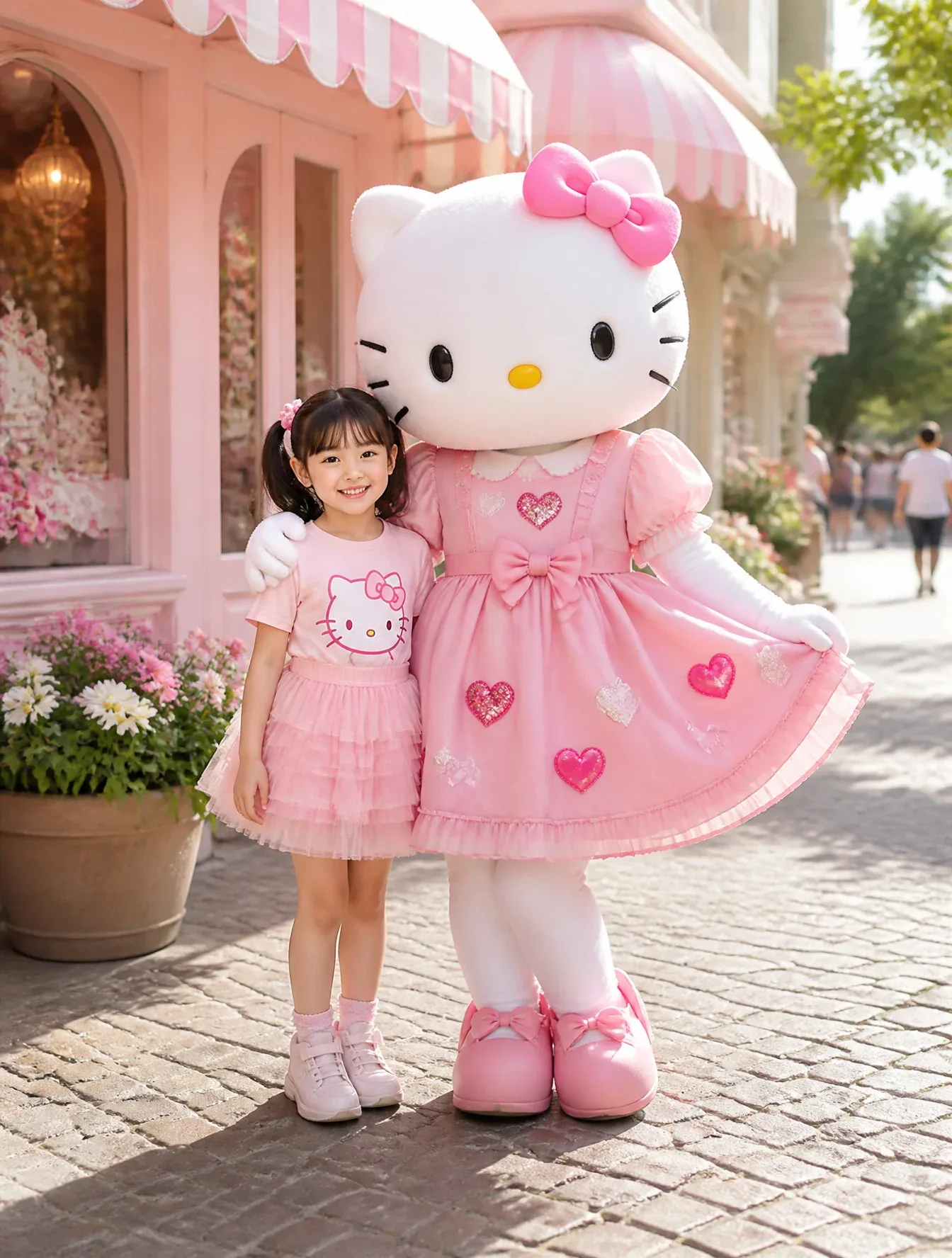 A young girl with dark hair tied in pigtails stands smiling beside a large, plush Hello Kitty mascot in front… - AI提示词参考图，来自西西提示词