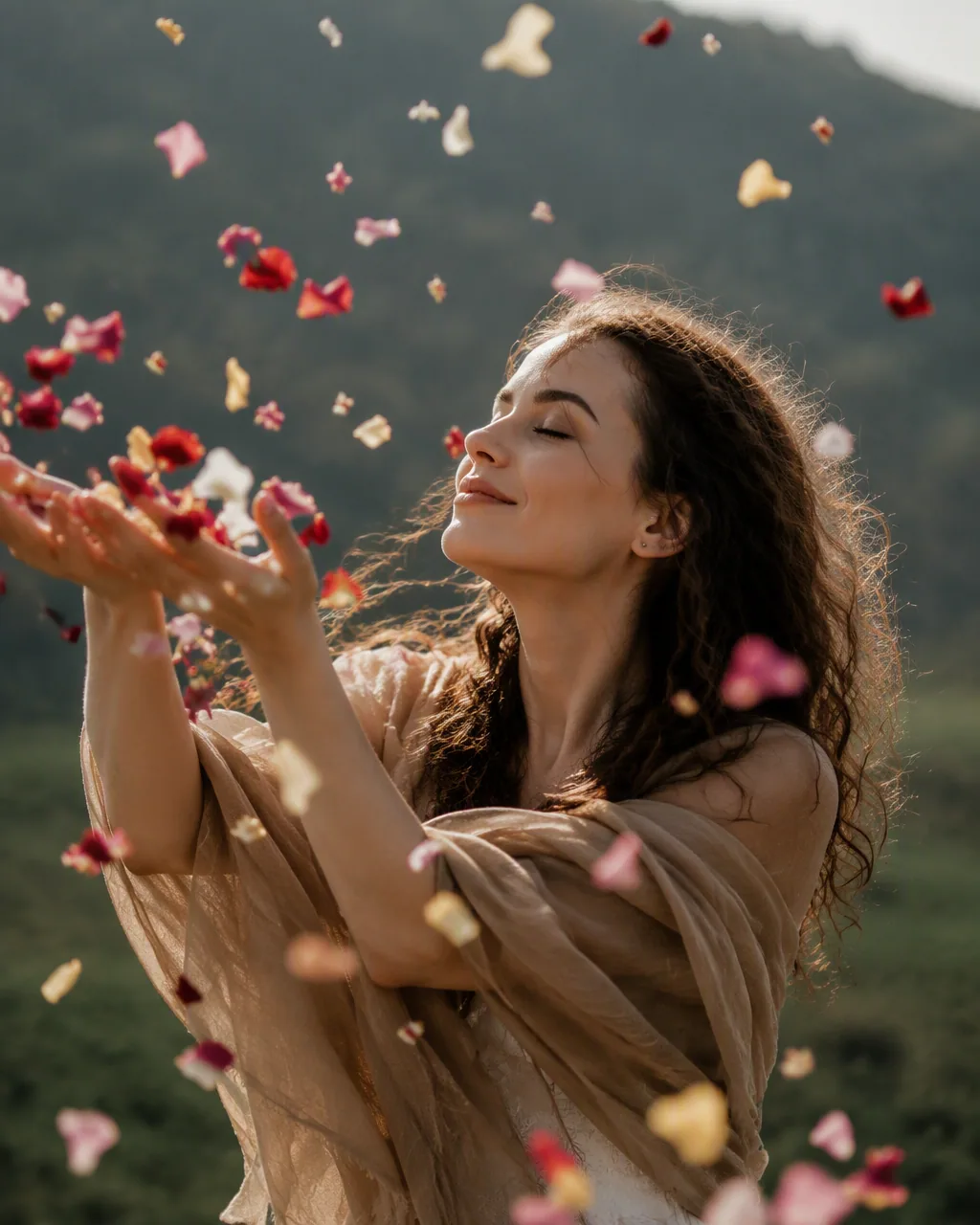 A hyper-realistic cinematic portrait of a young woman caught in one decisive moment — releasing a handful of … - AI提示词参考图，来自西西提示词