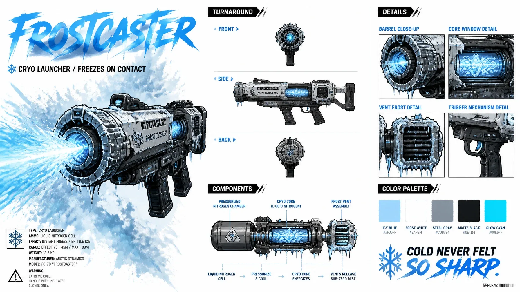Create a premium cinematic tech bible sheet for an original weapon called FROSTCASTER, a cryo launcher. Desig… - AI prompt reference from CC Prompt Galaxy