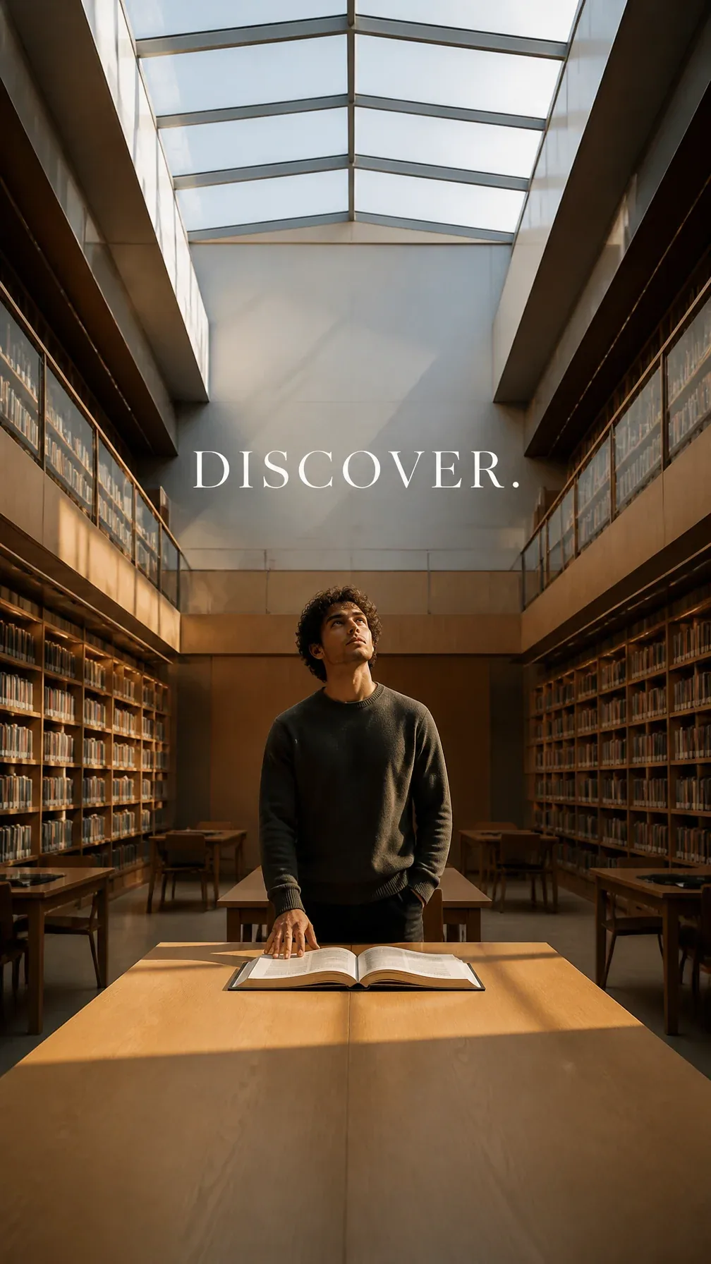 Premium editorial lifestyle campaign.Main Subject: Young man standing alone inside a modern public library wi… - AI提示词参考图，来自西西提示词