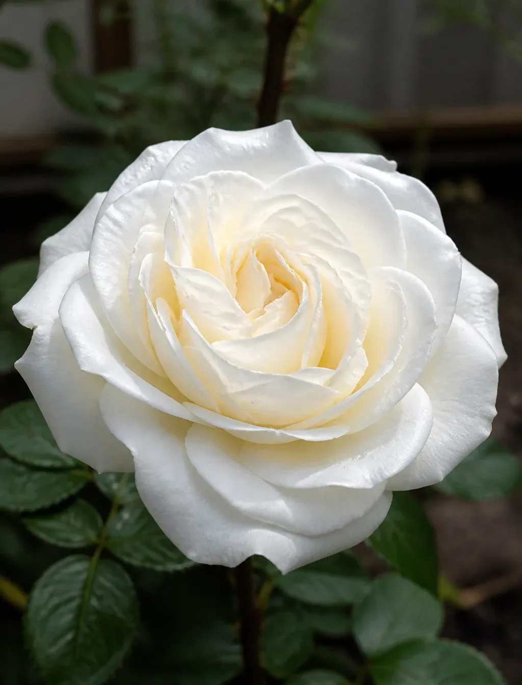 A fully opened white rose dominates the frame, its layered petals curling outward around a softly cupped, cre… - AI prompt reference from CC Prompt Galaxy