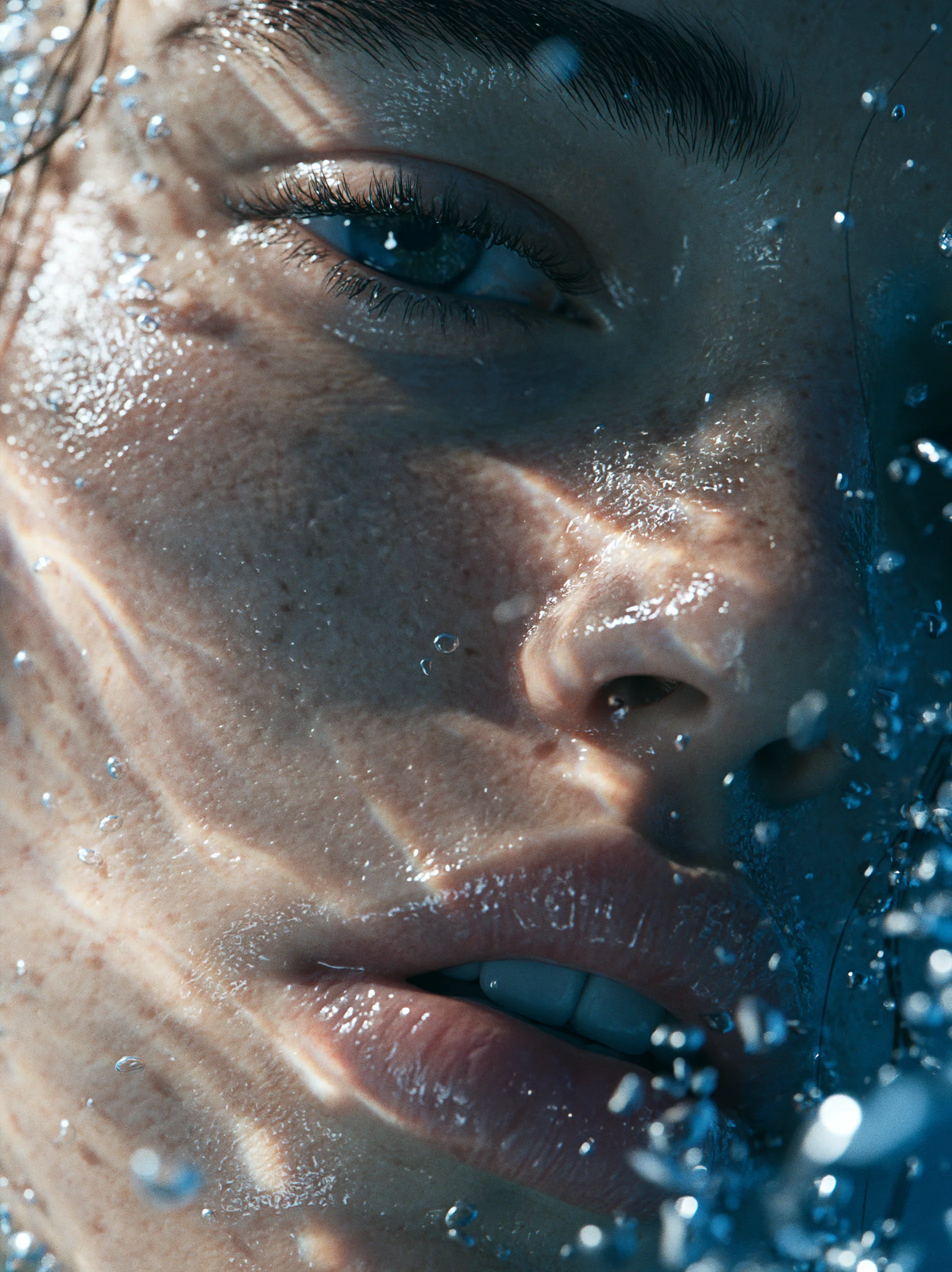 A hyper-realistic, ultra-detailed macro portrait showing only half of a human face, partially submerged under… - AI prompt reference from CC Prompt Galaxy