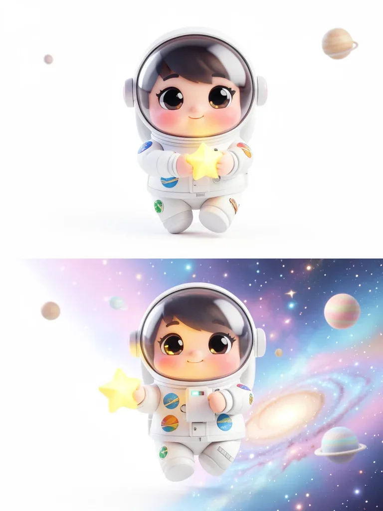 Adorable 3D chibi character design, ultra-clean render. A tiny chubby astronaut in a white space suit decorat… - AI prompt reference from CC Prompt Galaxy