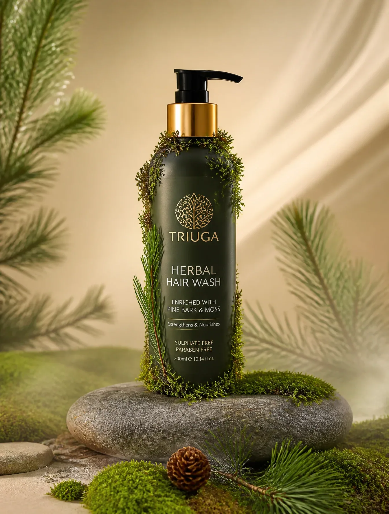 Perfect advertising photo, intricate composition. A premium bottle of hair wash product decorated with moss a… - AI提示词参考图，来自西西提示词