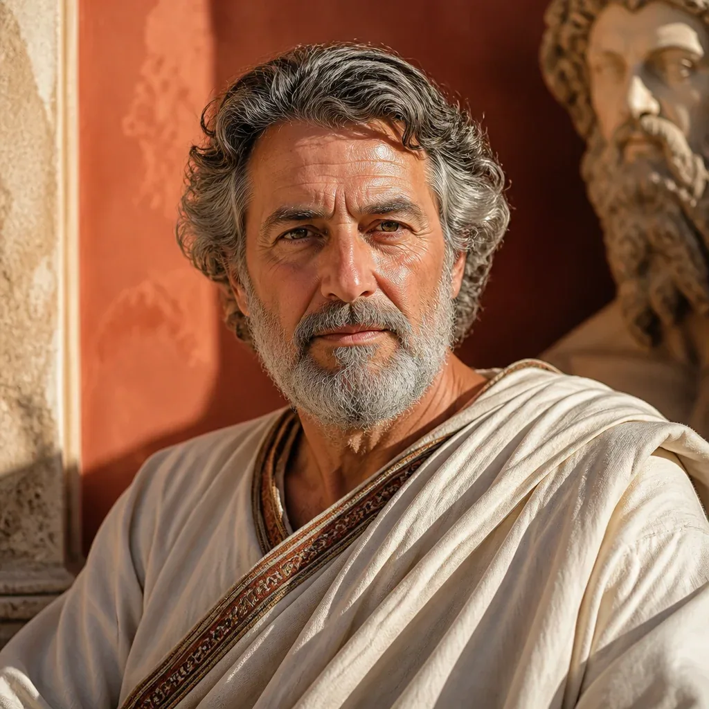 Ultra realistic portrait of a distinguished Greek philosopher, in a sun-drenched Mediterranean courtyard with… - AI prompt reference from CC Prompt Galaxy