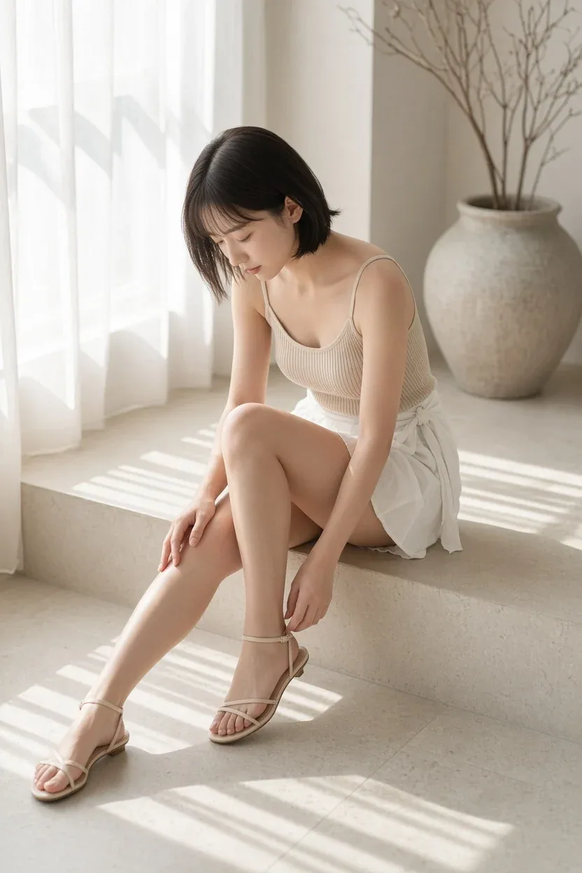 主題：朝窓で直すサンダル主体：画面中央、明るい大窓のそばの段差に座った女性が、うつむいて右足の細いサンダルへ手を伸ばす。淡いベージュのキャミソールと白いラップ風ショートパンツで全身が入る。人物・表情：女性は上体を前へ曲… - AI提示词参考图，来自西西提示词
