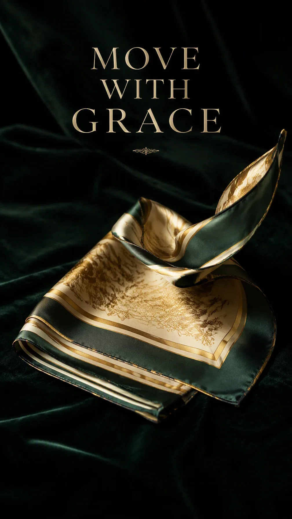 Premium 4:5 advertising poster for a luxury silk scarf brand. A single silk scarf folded on a dark velvet sur… - AI prompt reference from CC Prompt Galaxy