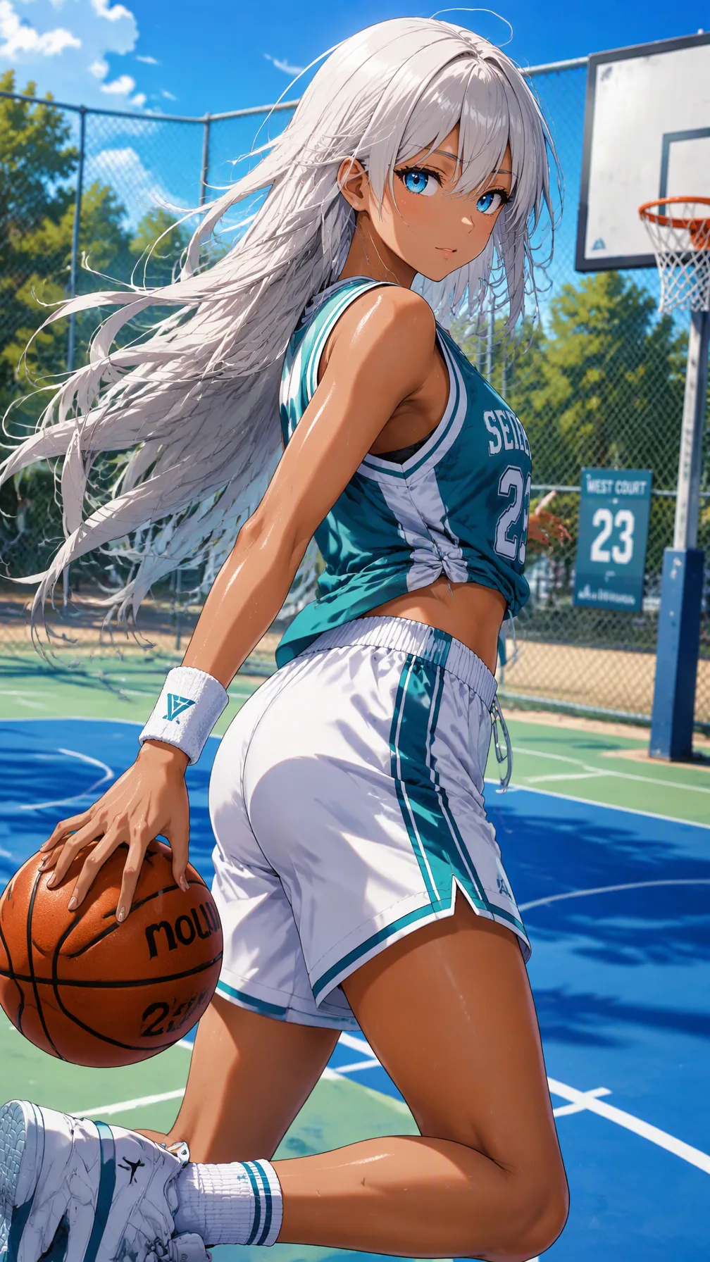 Vibrant, high-quality anime illustration of a young woman standing on an outdoor basketball court, captured i… - AI prompt reference from CC Prompt Galaxy