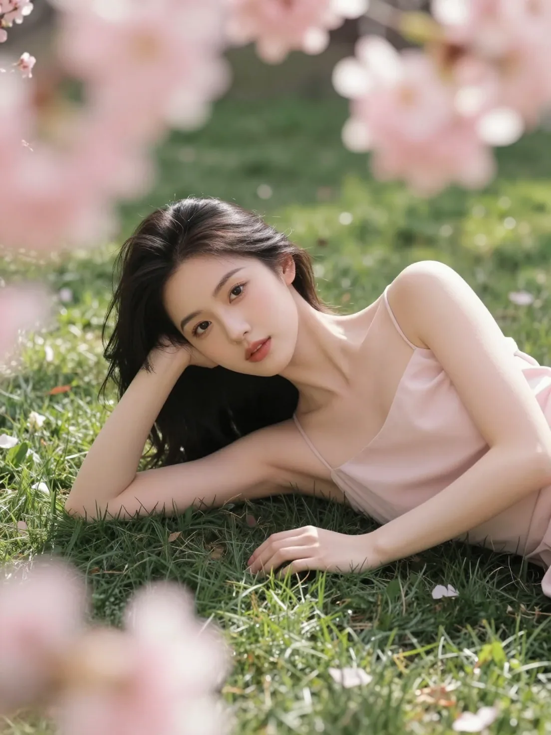 The model reclines gracefully on a lush garden lawn surrounded by blooming pink flowers. Her body lies natura… - AI提示词参考图，来自西西提示词