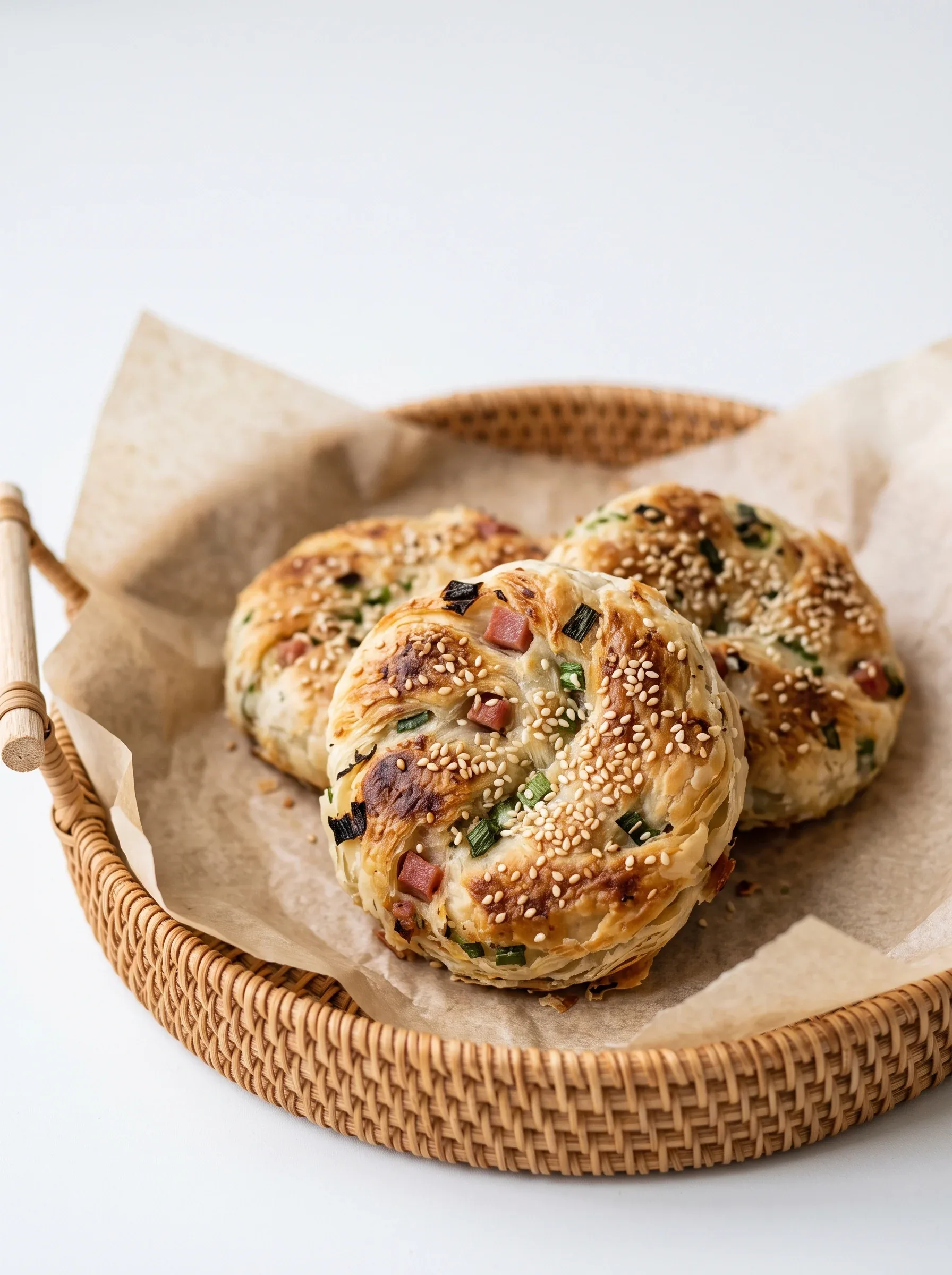 Vertical food still life photography, crispy scallion ham small guokui flatbread, white sesame seeds sprinkle… - AI提示词参考图，来自西西提示词