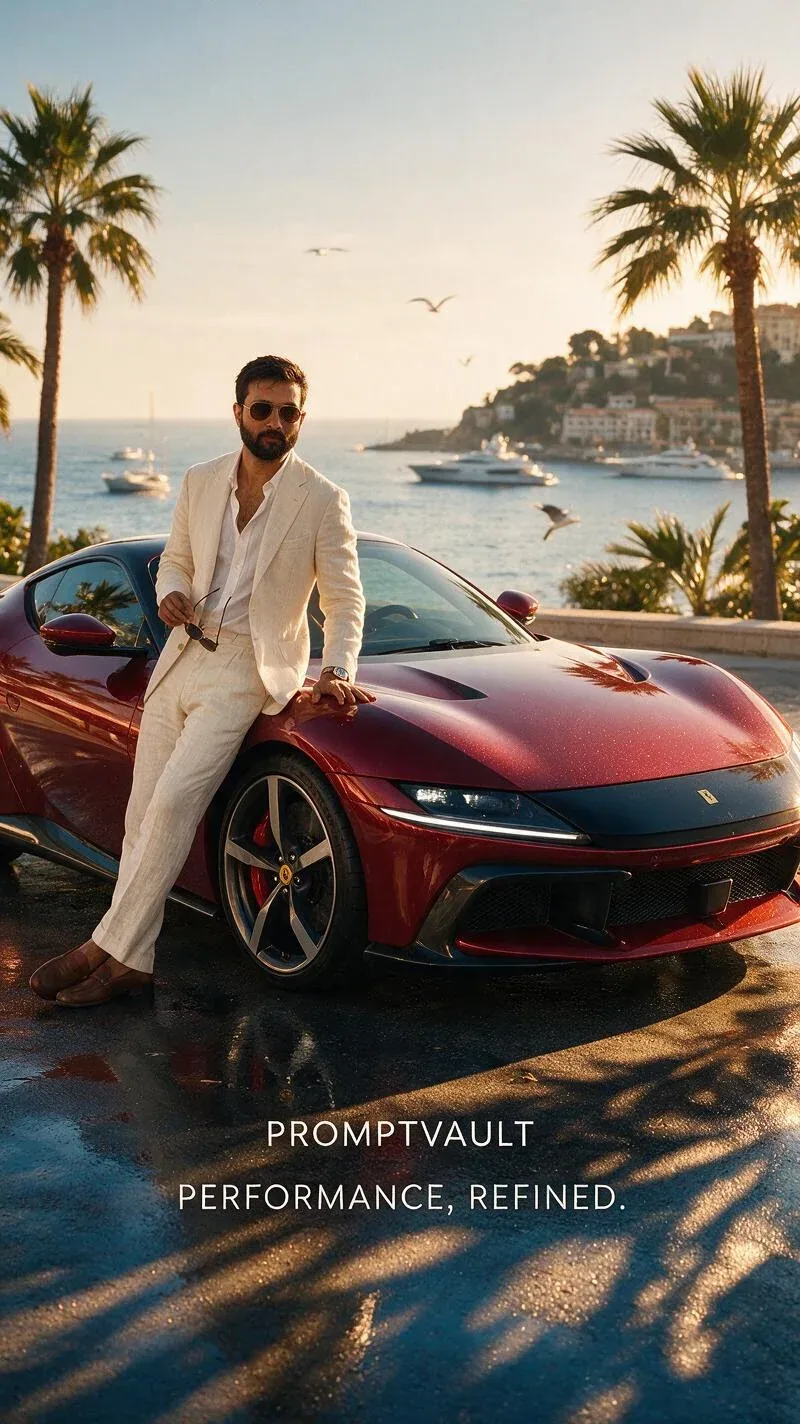 the character in reference image 1 Ultra-photorealistic 8K vertical luxury automotive campaign, 9:16, featuri… - AI提示词参考图，来自西西提示词