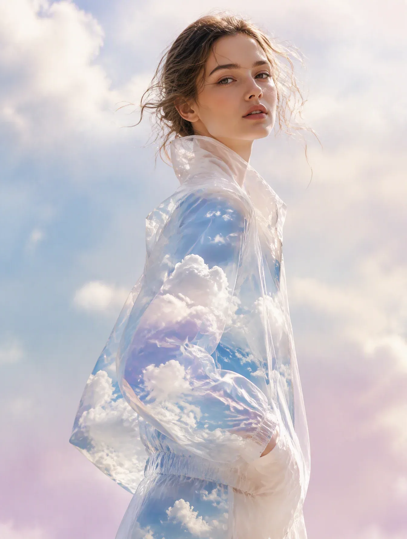 A beautiful woman wearing a lightweight paper-like jacket that is transparent and filled with a bright spring… - AI提示词参考图，来自西西提示词