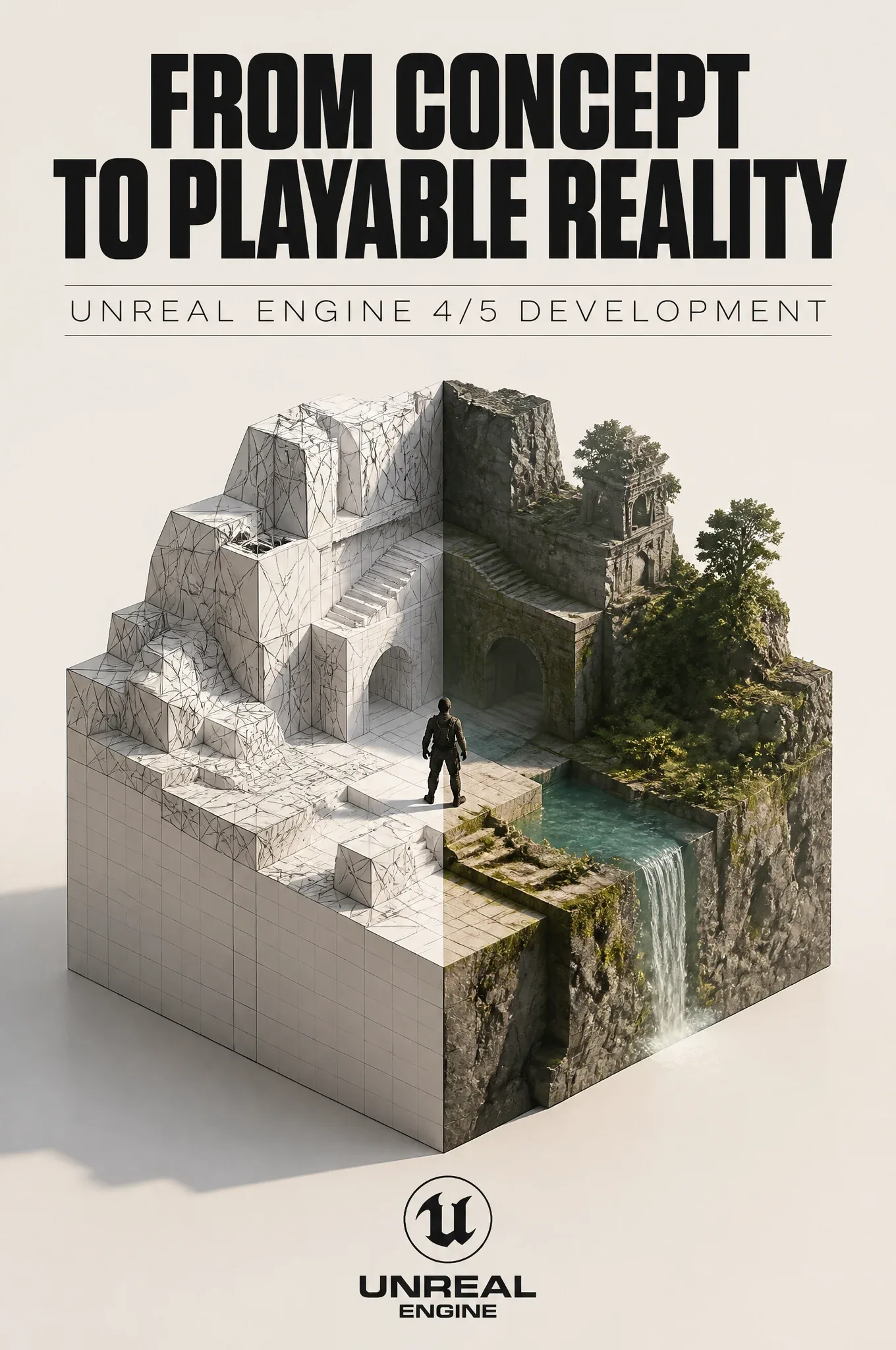 Aspect Ratio: 2:3Architectural minimalist ad visual for Unreal Engine game design on a smooth off-white clay … - AI提示词参考图，来自西西提示词